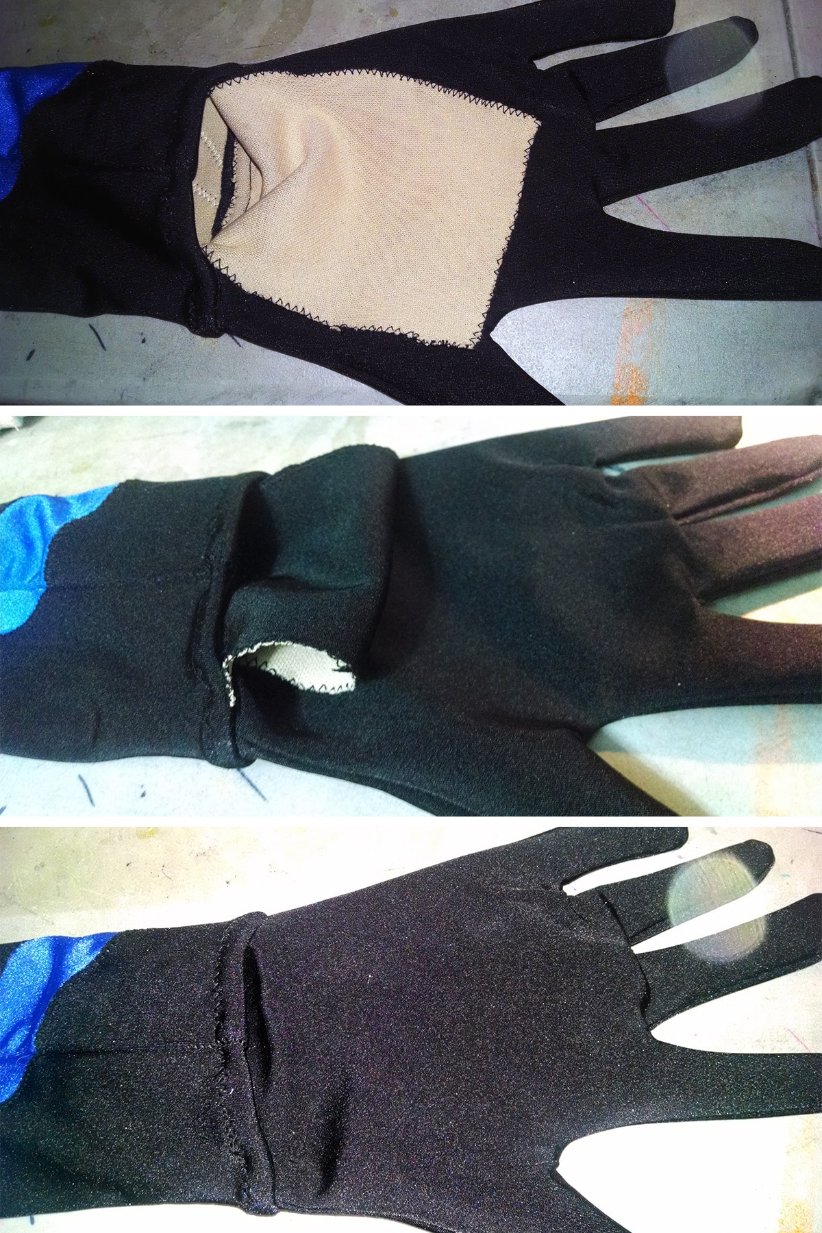A 3 part image showing a black pair of gloves with a flap being tucked into the wrist.