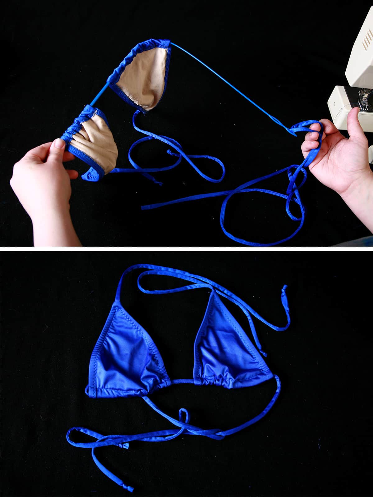 A cord threader being used to thread the string through the string bikini channels, and the finished string bikini top.