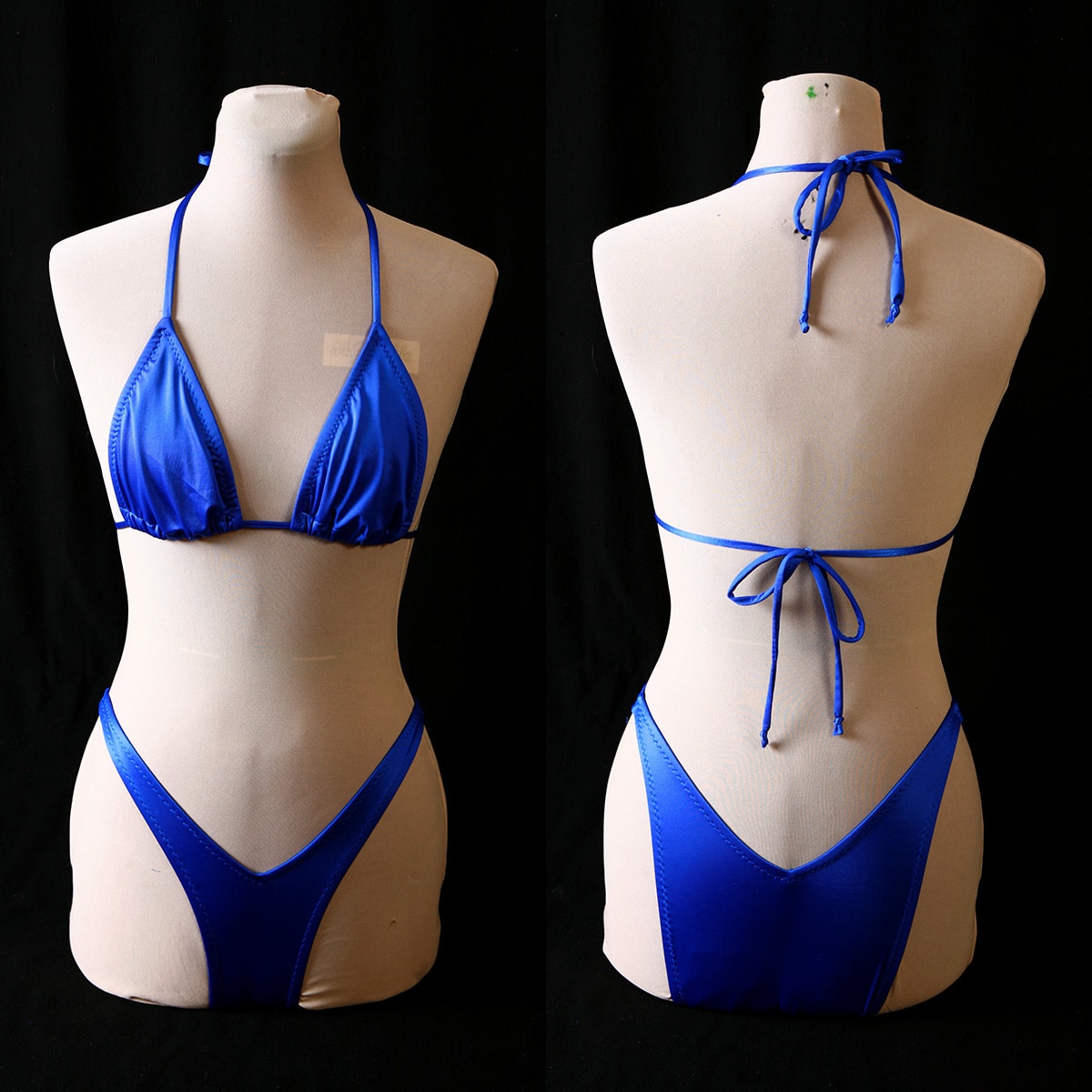 Front and back views of a blue string bikini on a dress form.