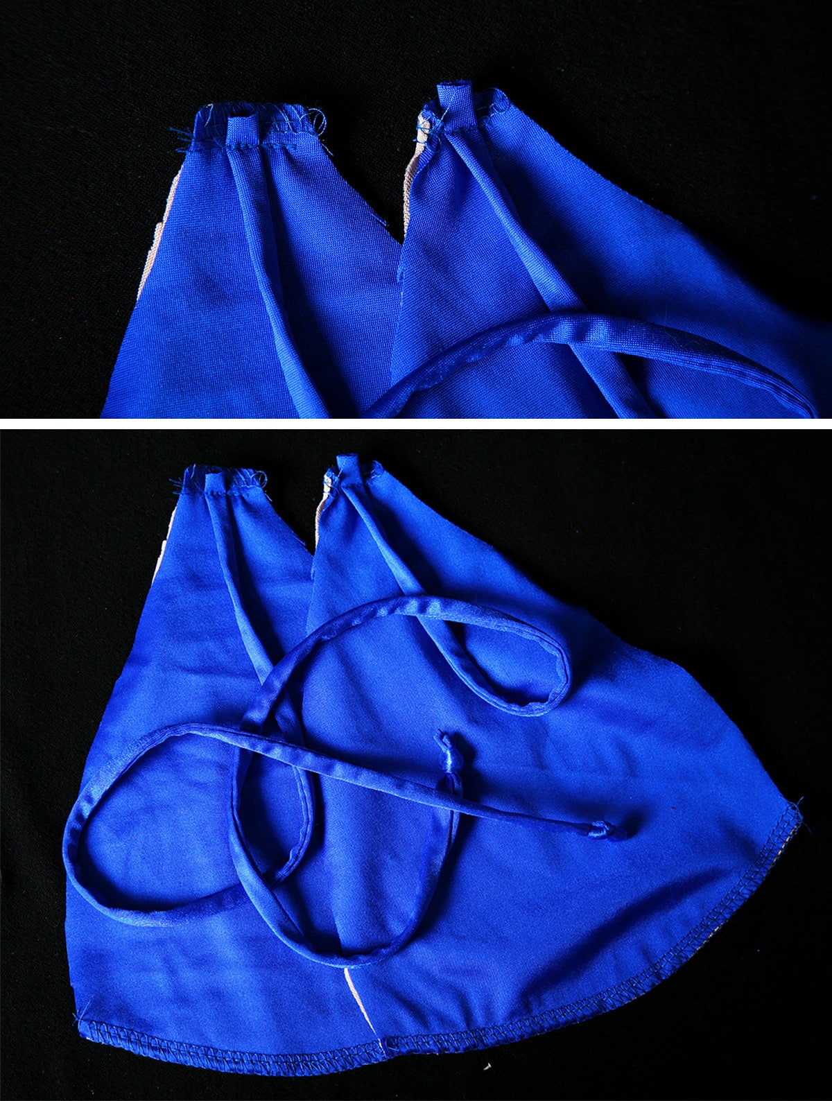A two part image showing the short strings sewn to the top of the triangles, as described.