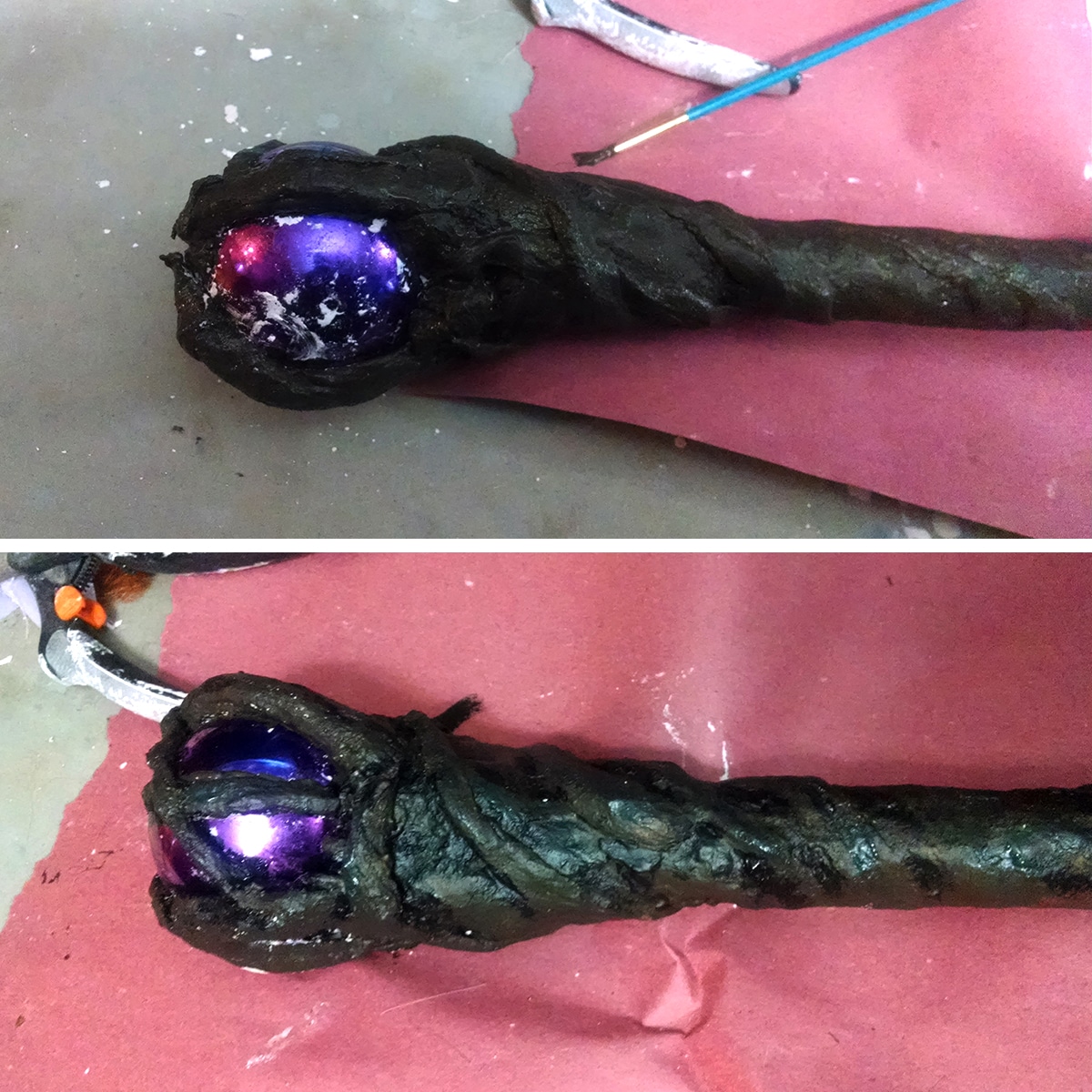 The Maleficent staff has been painted dark browns to look like wood.