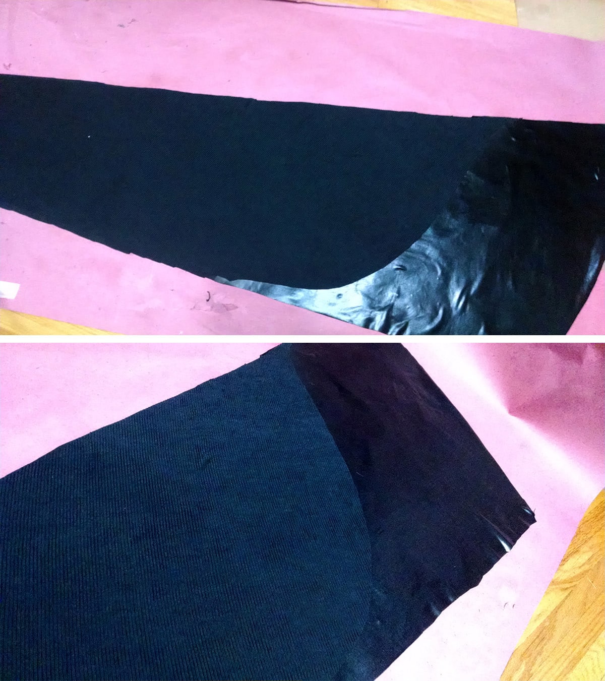 Long black pieces of textured fabric cut for Maleficent's overskirt.