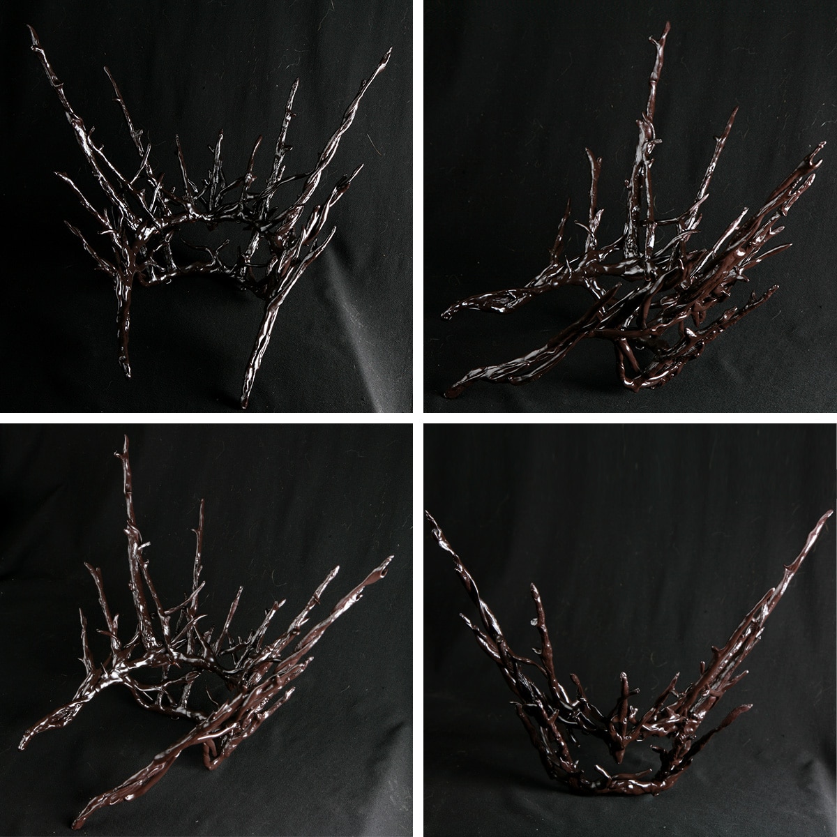 A 4 part image showing multiple views of a plastic replica of Thranduil's crown, painted dark brown.