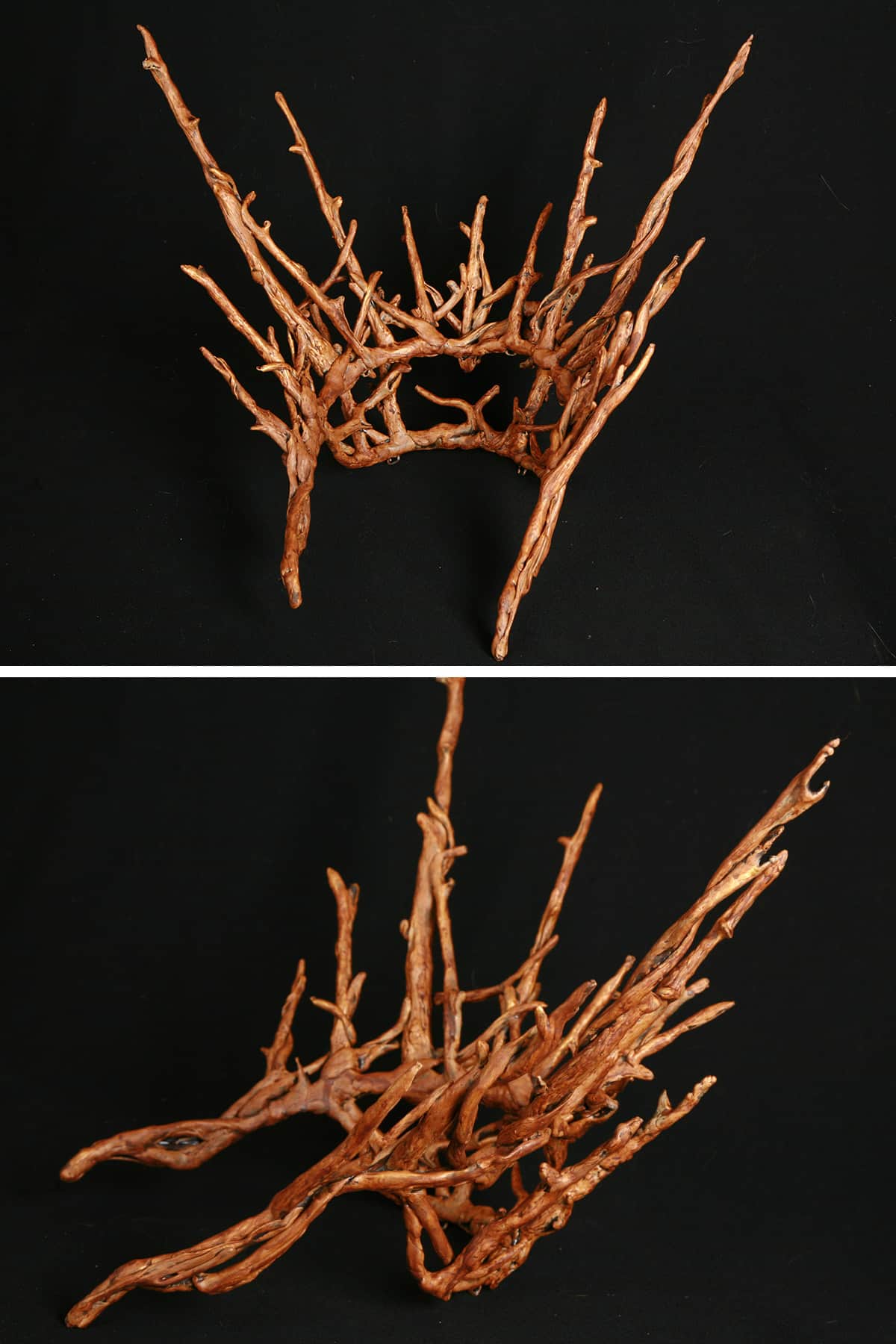 A multi part image showing differnt views of a plastic replica of Thranduil's crown, painted to look realistically like wooden twigs.