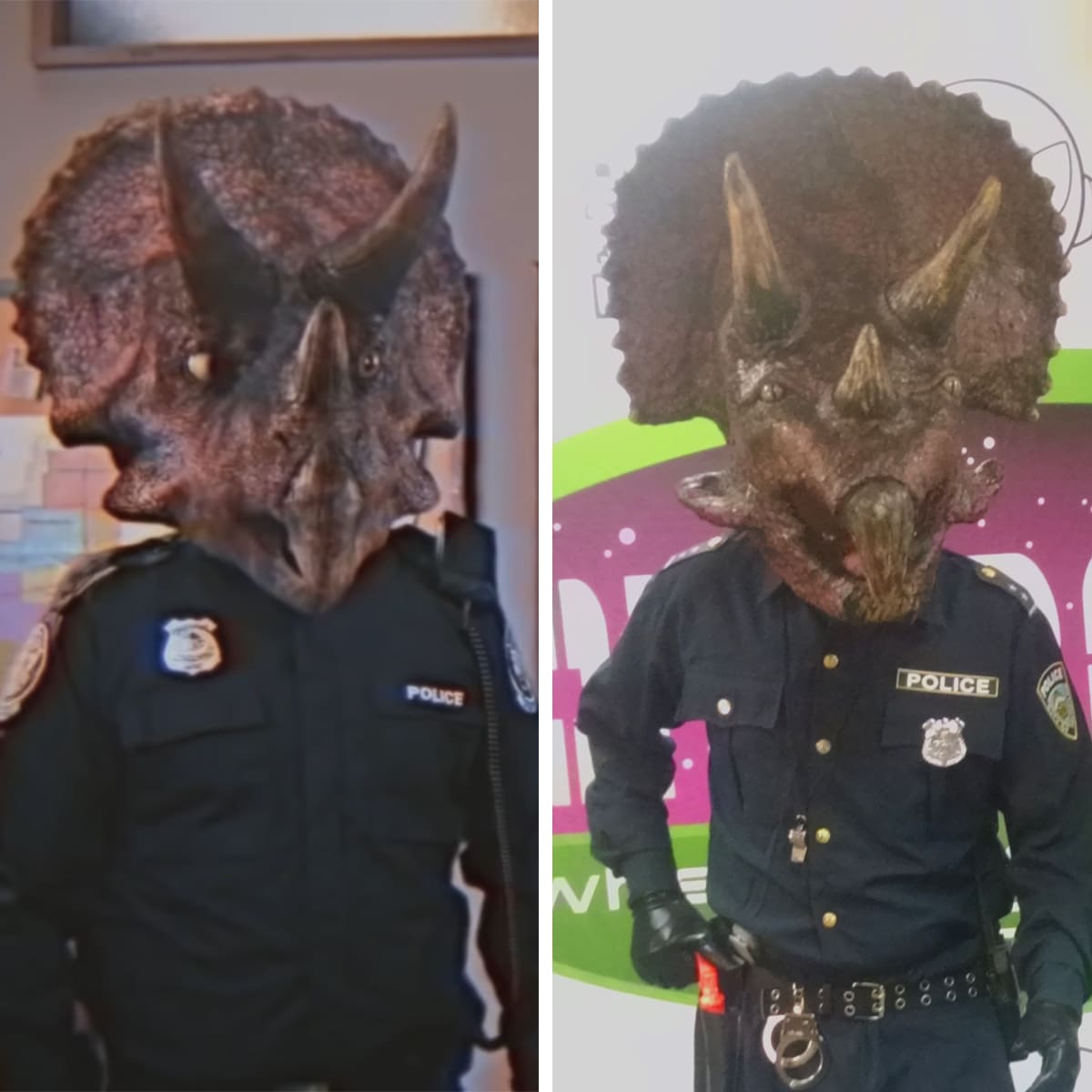 A side by side comparison of the Kung Fury screenshot of Triceracop, with our finished costume.