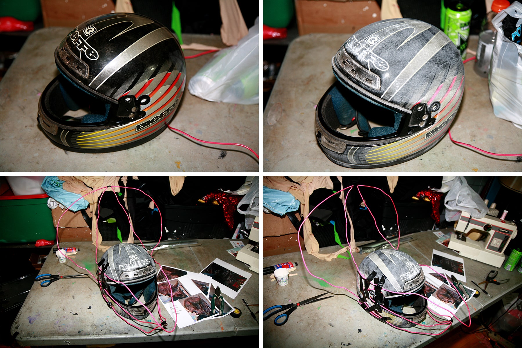 A 4 part image showing a sanded motorcycle helmet having a wire frame built onto it.