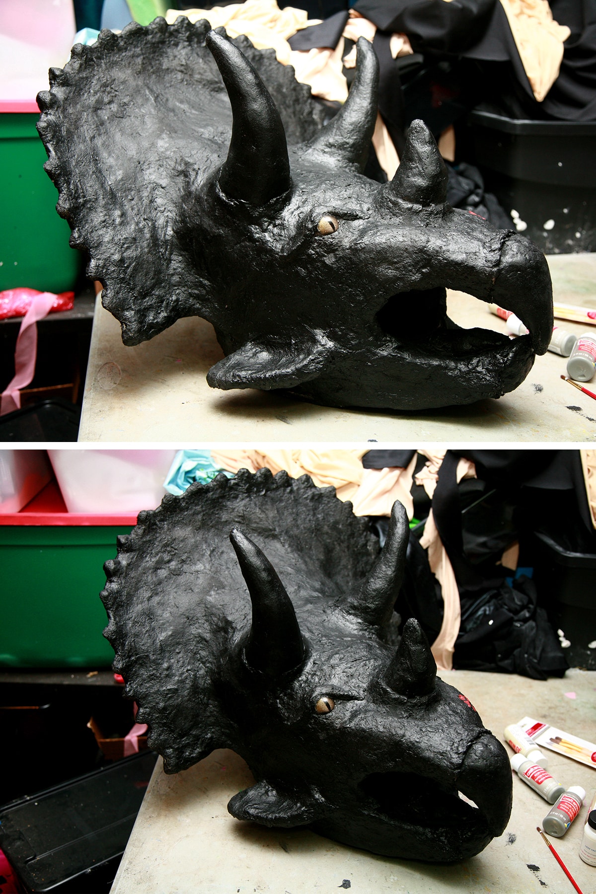 2 views of the helmet mask, after being coated with black plasti-dip.