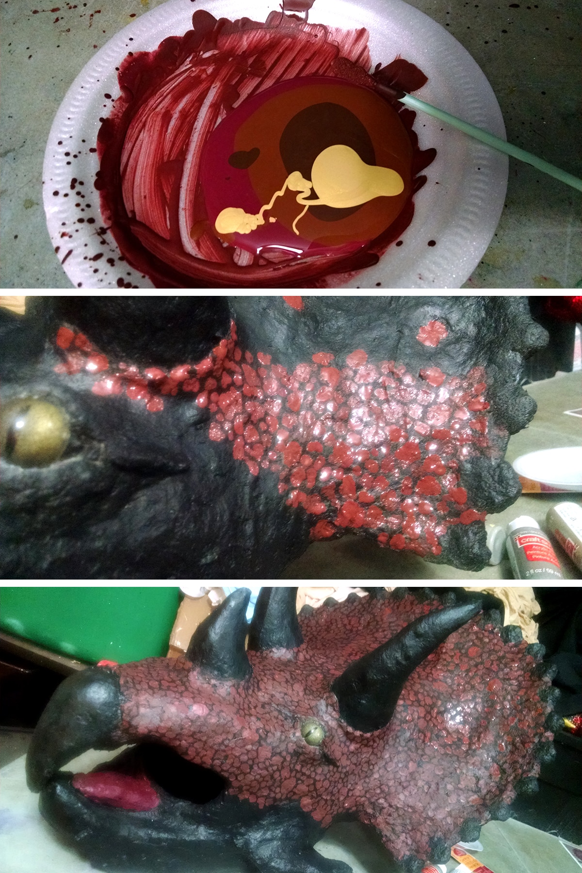 A 3 part image showing paint being mixed and applied to the mask in irregular blobs.