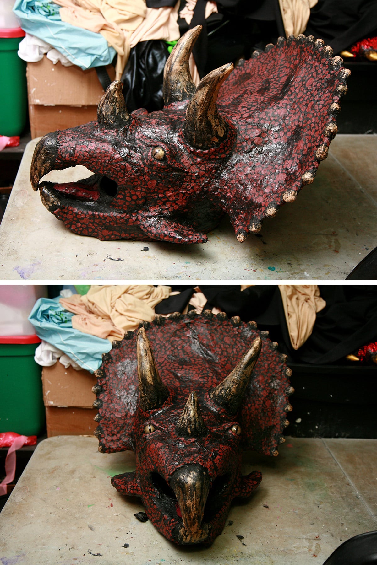 2 views of the finished triceracop costume mask.