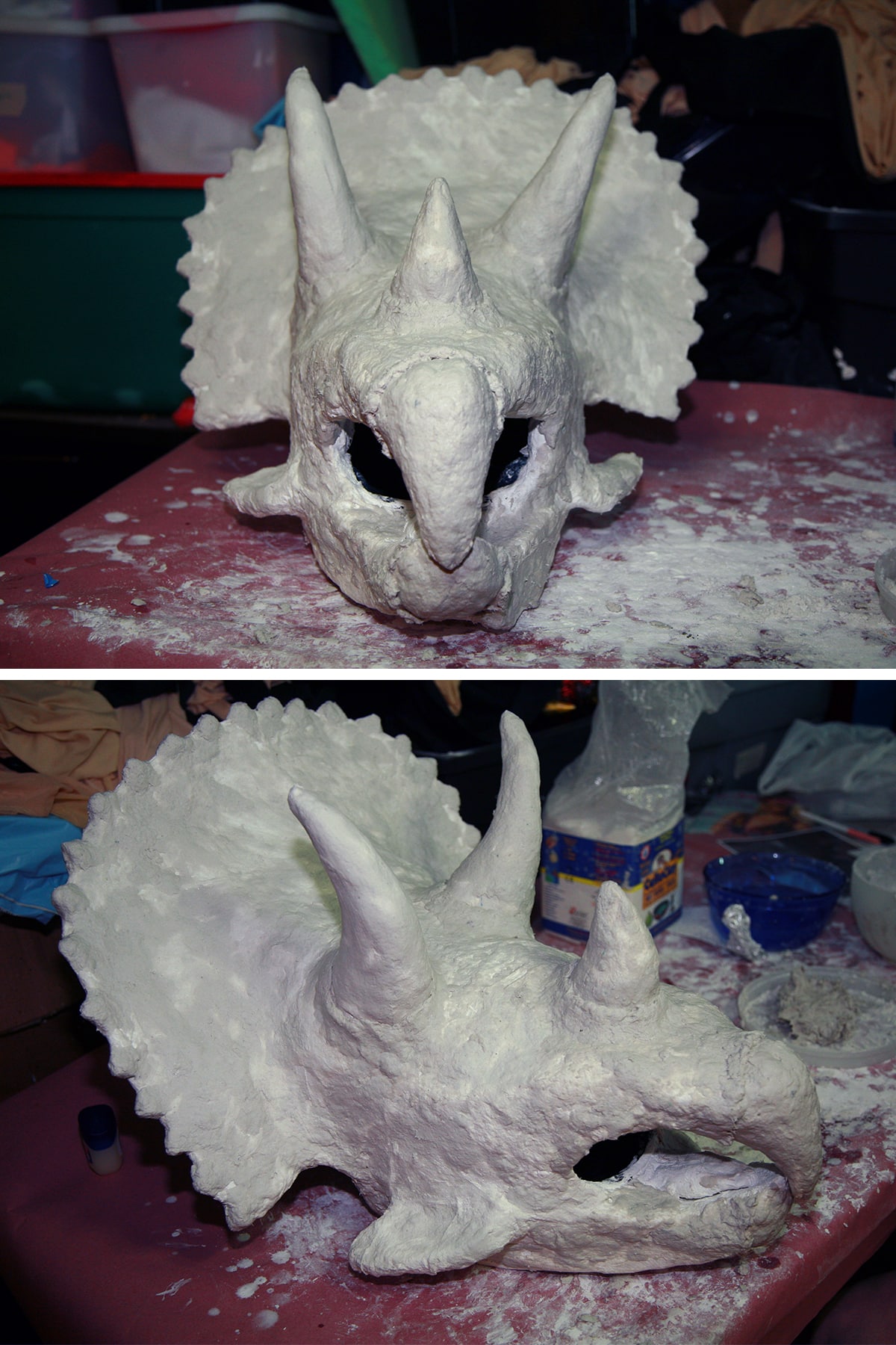 2 close views of the sculpted dinosaur helmet, now featuring the horns.