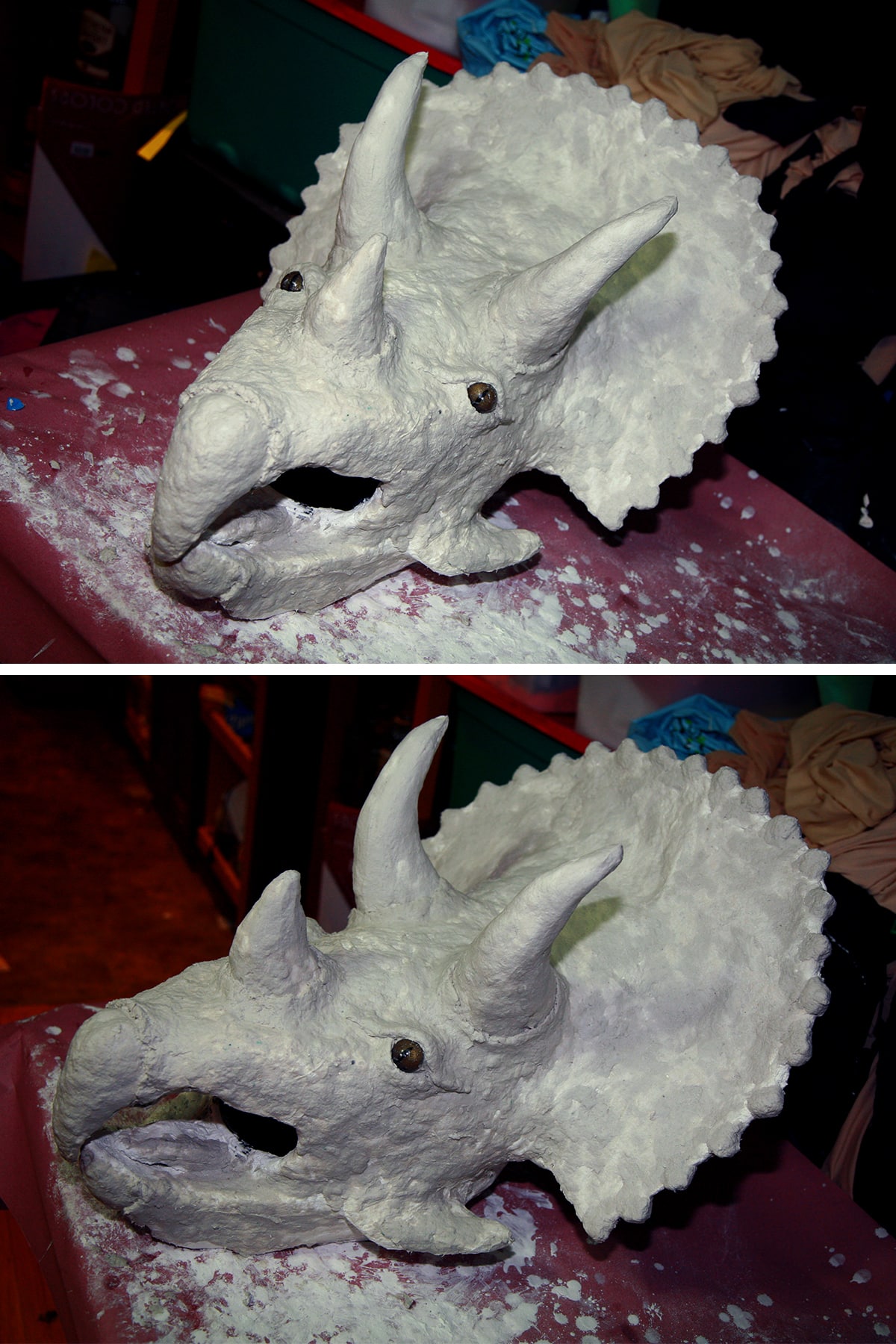 Two more views of the Triceracop costume mask, after the sculpting was finished.