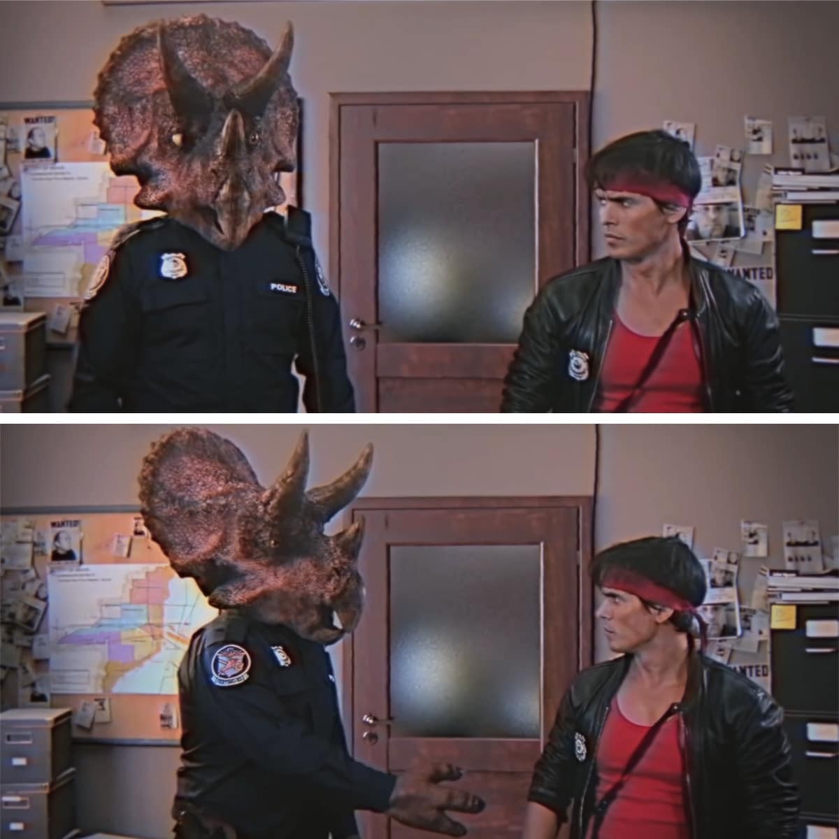 2 screen shots from Kung Fury. Both feature a man with a triceratops head, and a man in red shirt, leather jacket, and long red headband.