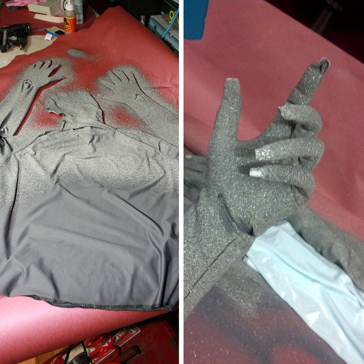 A grey bodysuit being painted with stone look paint, and a hand wearing the grey bodysuit.