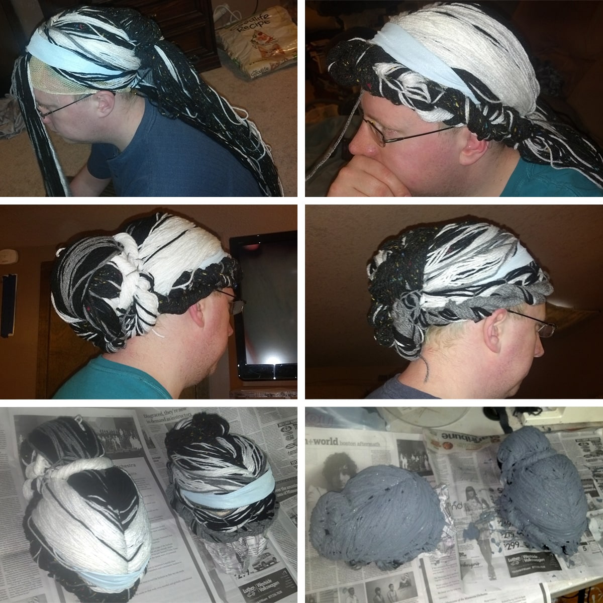 A 6 part image showing the yarn wig being made and painted, as described in the post.