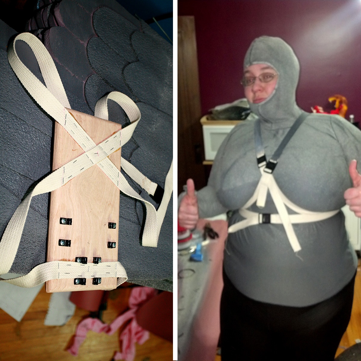 The wooden and fabric strap harness resting on a set of angel wings, and a woman wearing the harness over a full grey bodysuit.