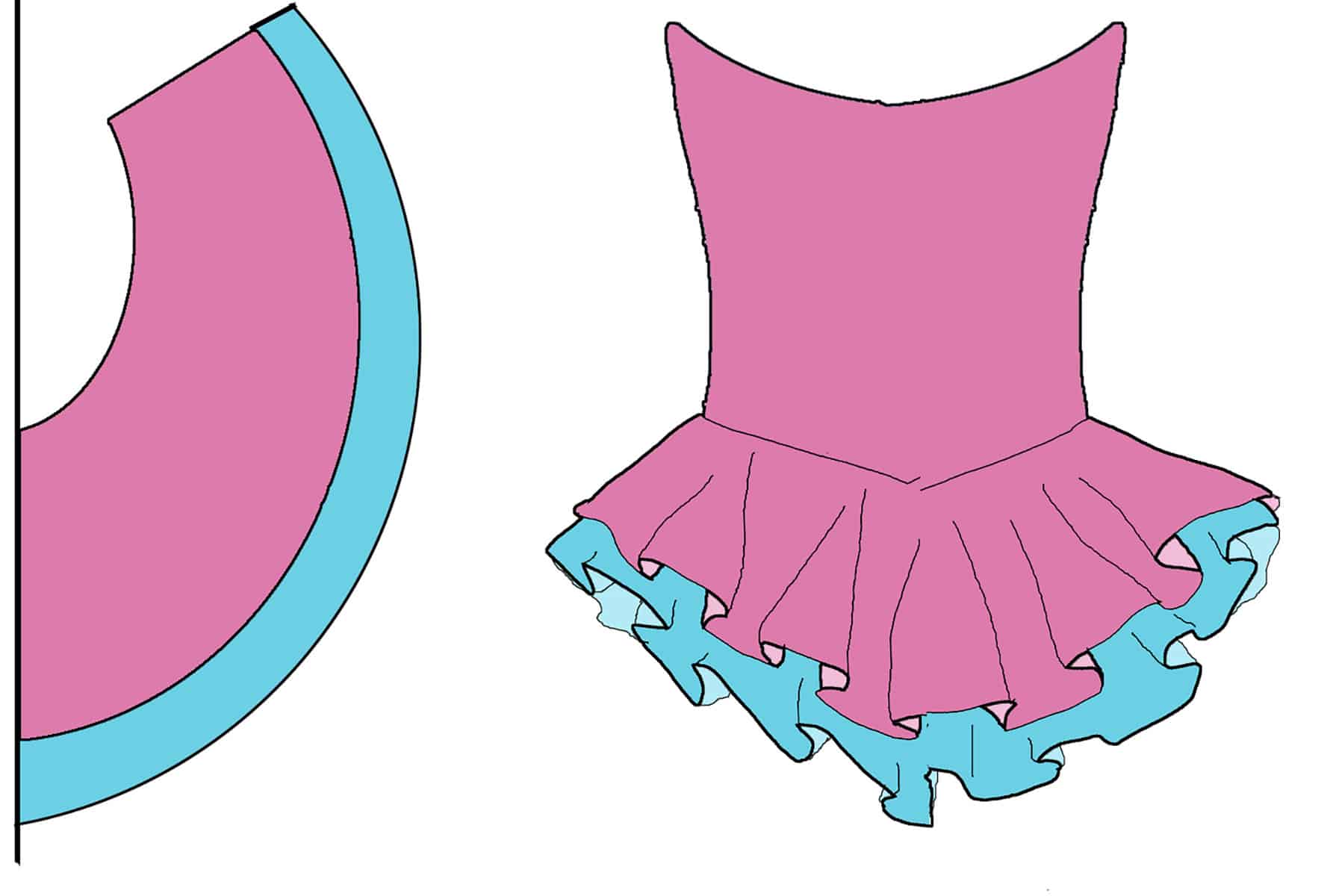 A sketch of a pink and blue layered skating skirt pattern, and how it would look as a skating dress.