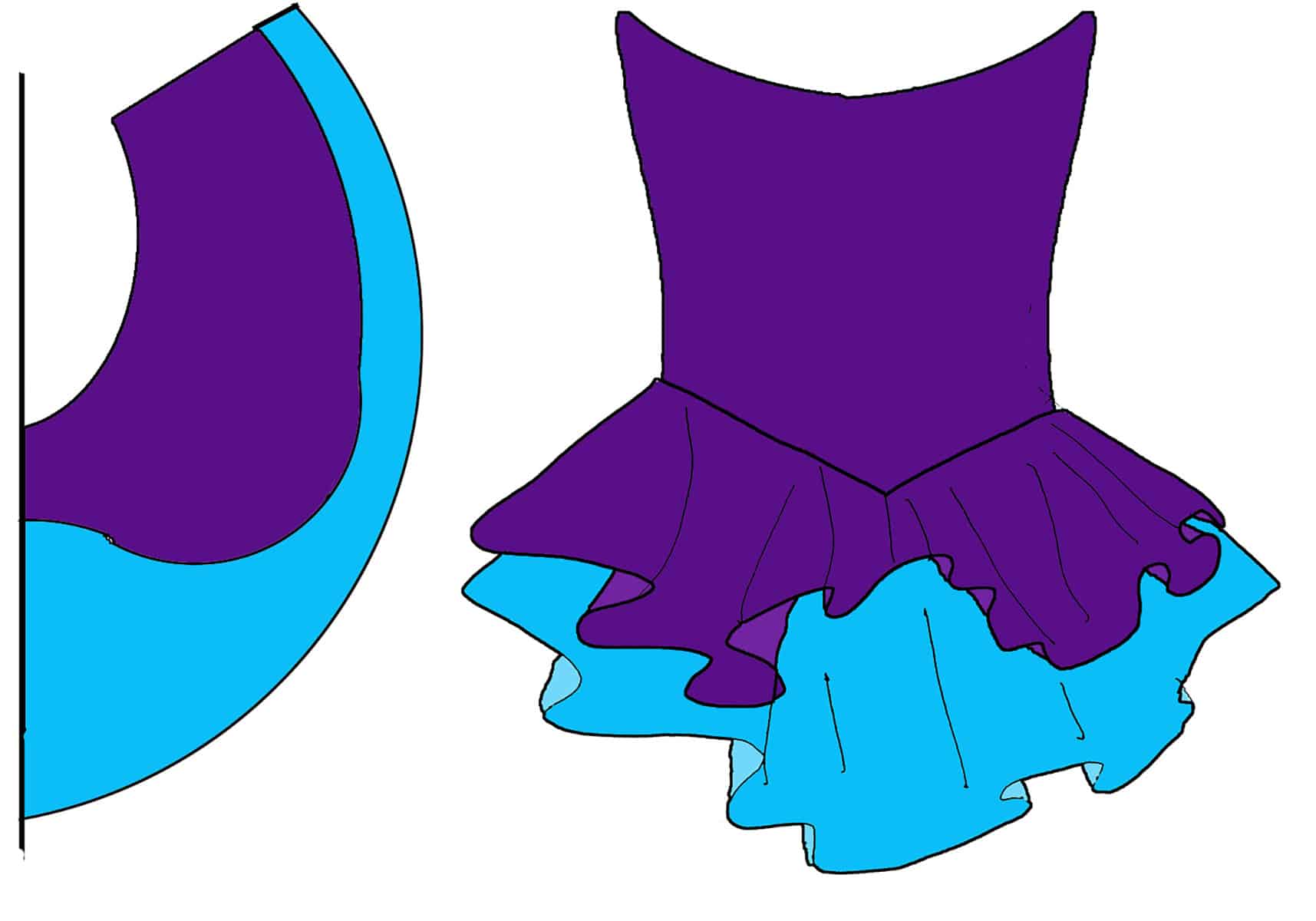 A sketch of a purple and blue layered skating skirt pattern, and how it would look as a skating dress.