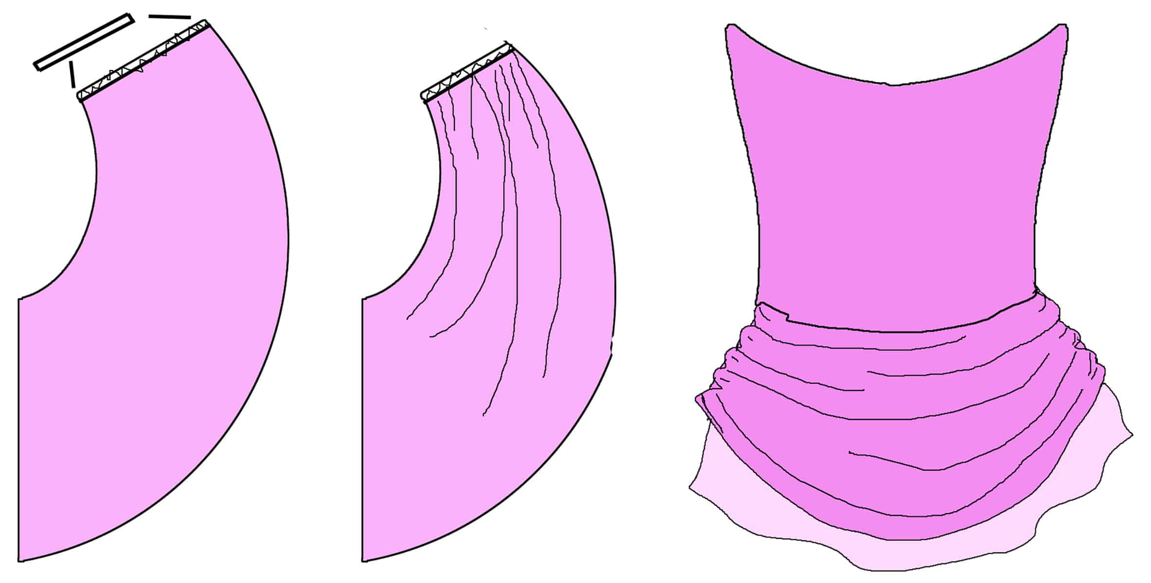 a 3 part sketch showing what a draped skirt pattern looks like, as described in the post.