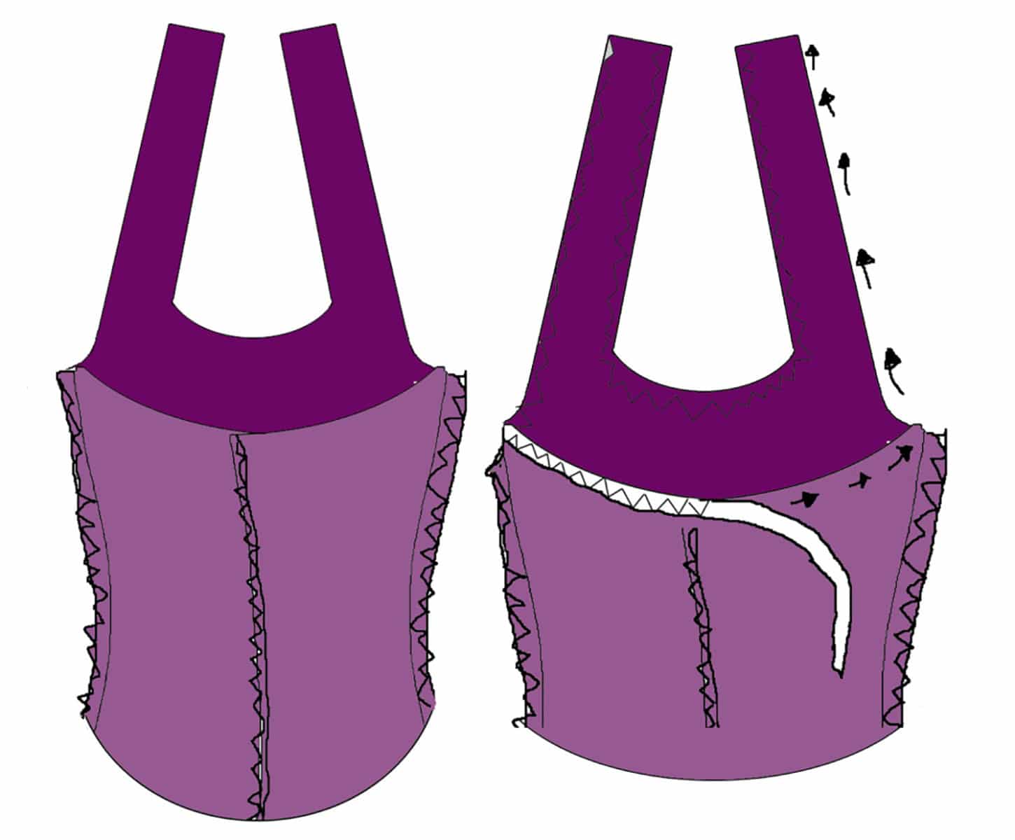 A 2 part diagram showing elastic being applied to a halter top.