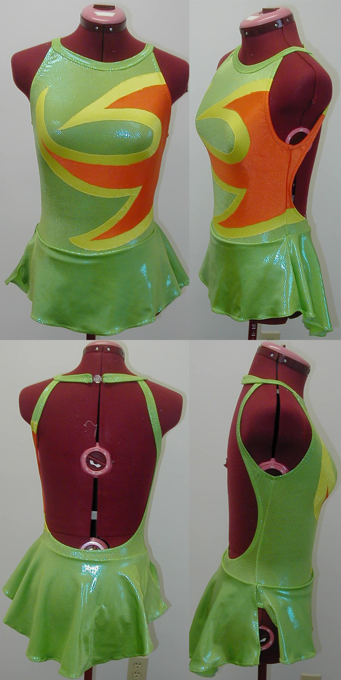 A 4 part image showing various views of a green, yellow, and orange figure skating dress.