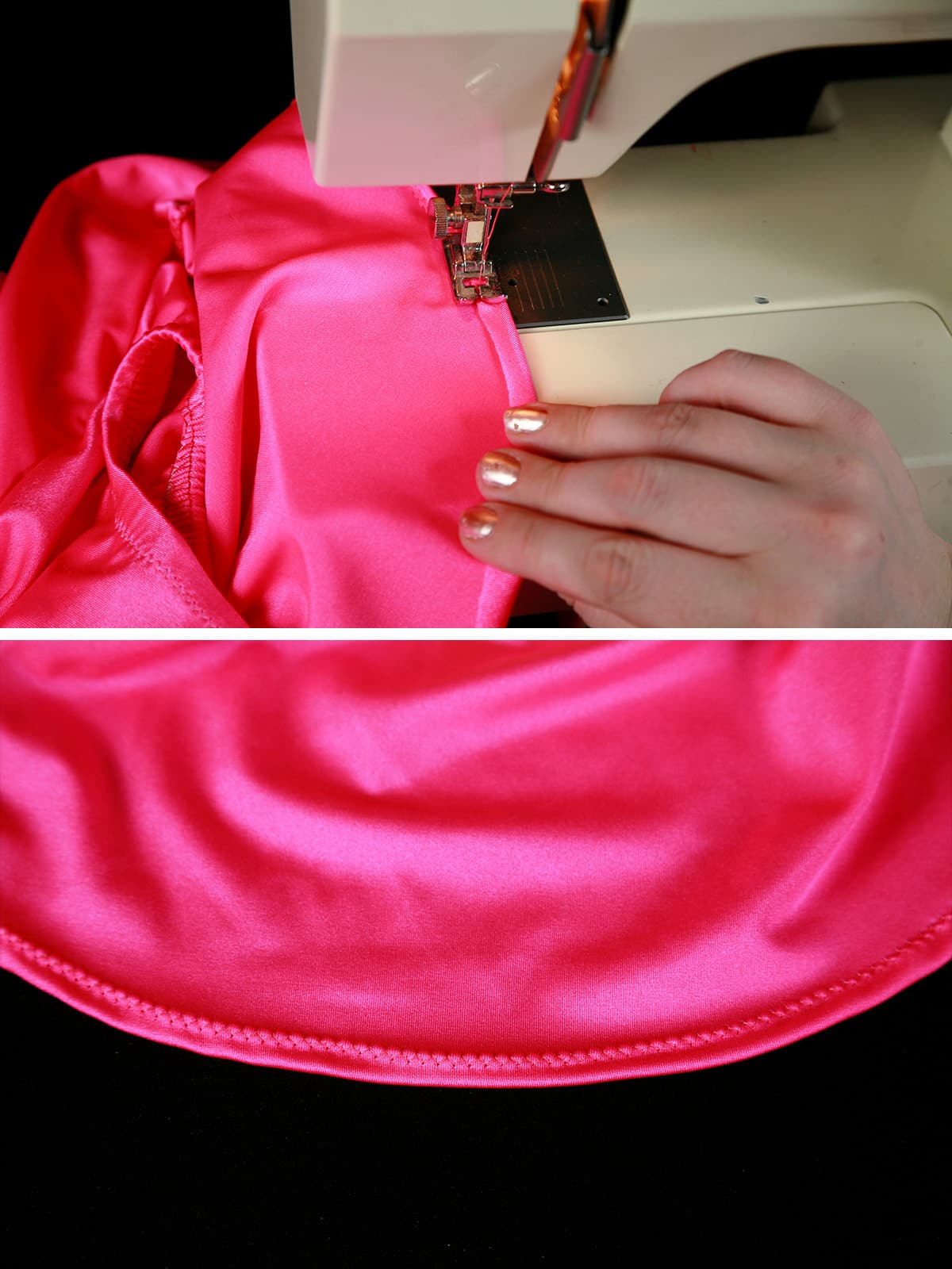 A two part image showing a flat zig zag hem being applied to a pink spandex skating skirt.