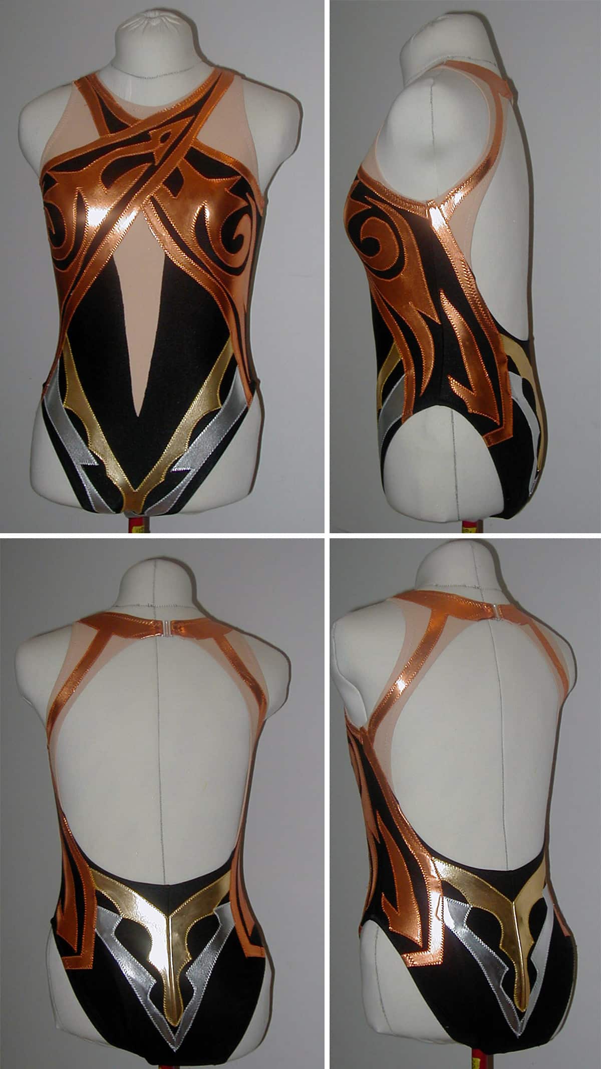 A 4 part image showing various views of a black synchro swimsuit with gold, bronze, and silver designs on it.