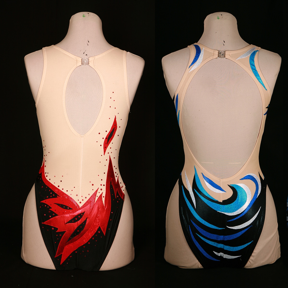 Back views of two synchro swimsuits with hole backs.