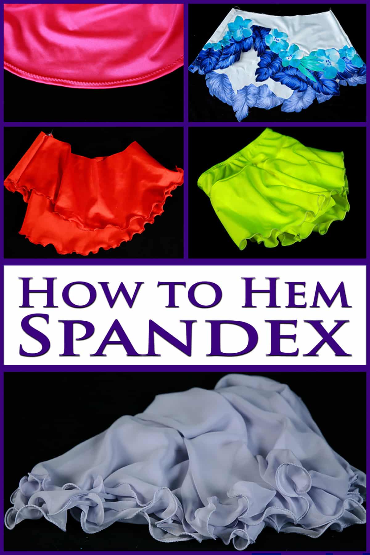 Several photos of figure skating skirts, with purple text that says how to sew spandex.