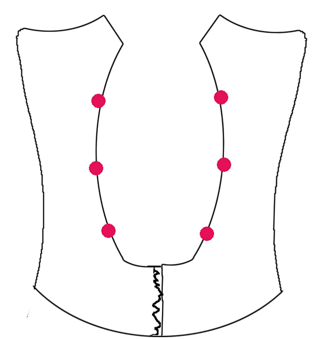 A diagram showing the back of a pattern, with placement of loops marked with red dots.
