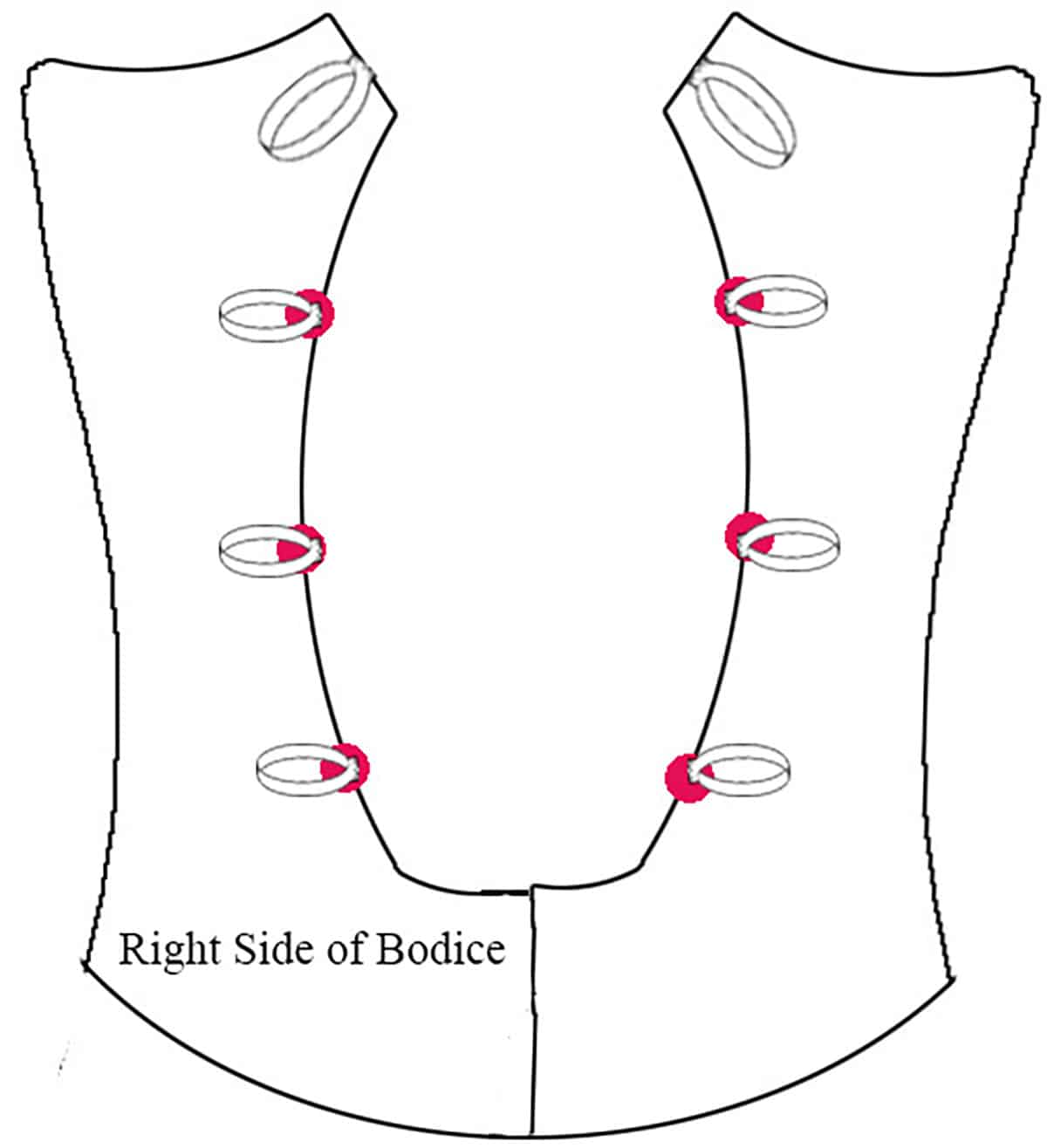 A diagram of a lack up back skating dress, with loops placed on spots marked with red dots.