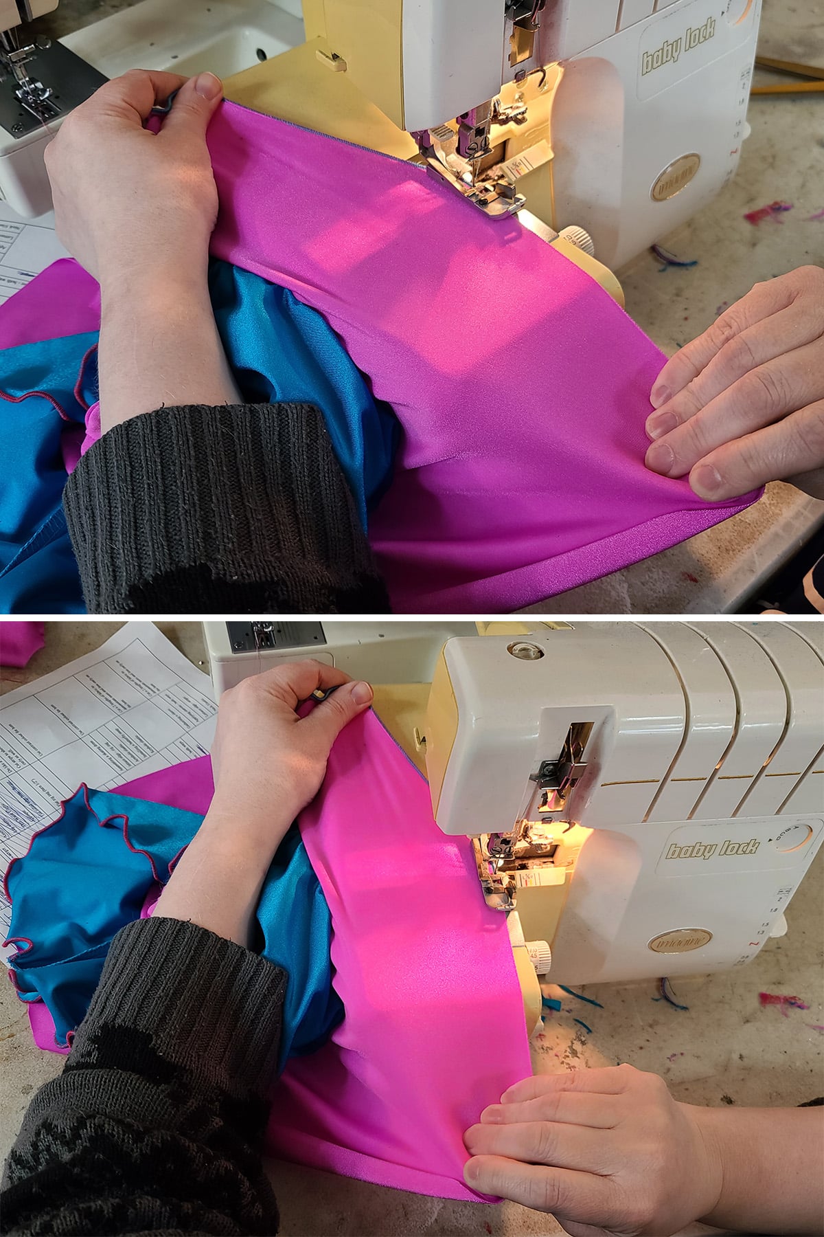 A two part image showing a strip of pink spandex being fed into a serger.