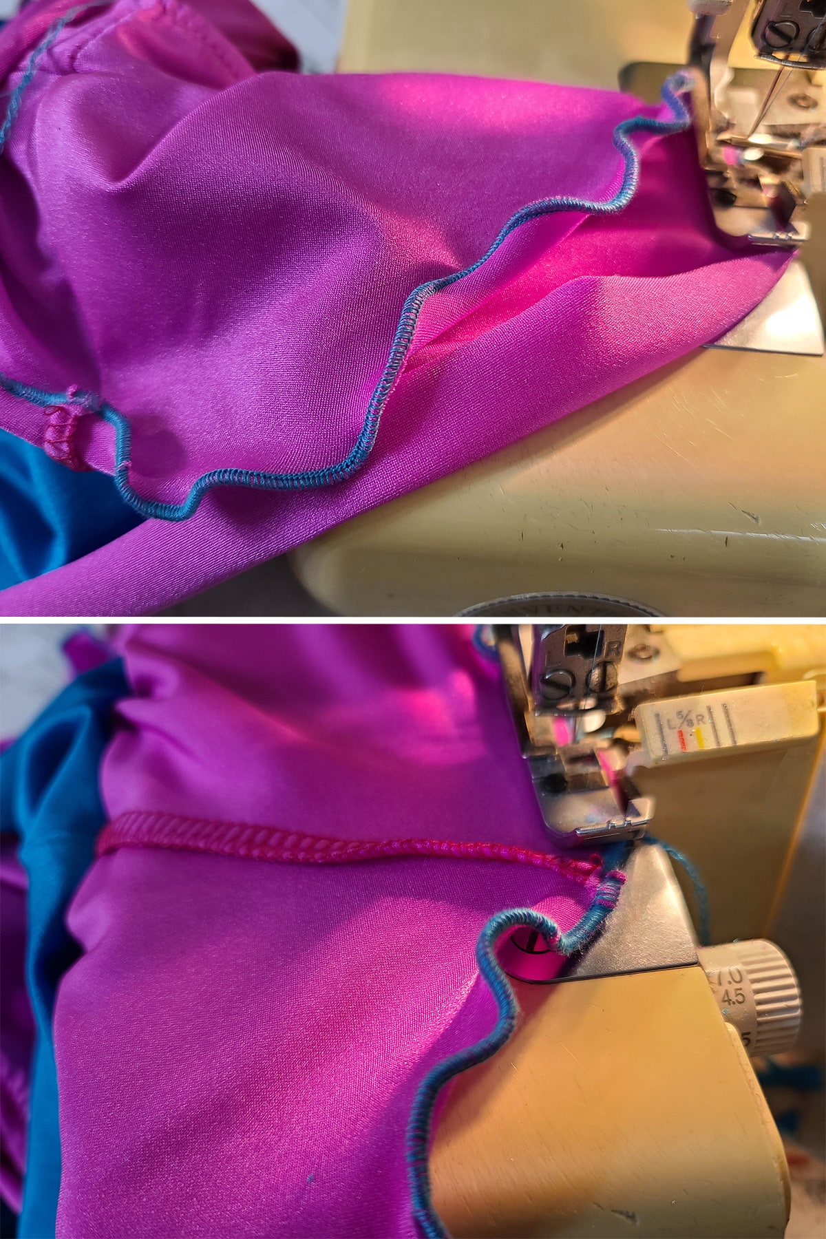 A blue serged lettuce edge hem being sewn into pink spandex.