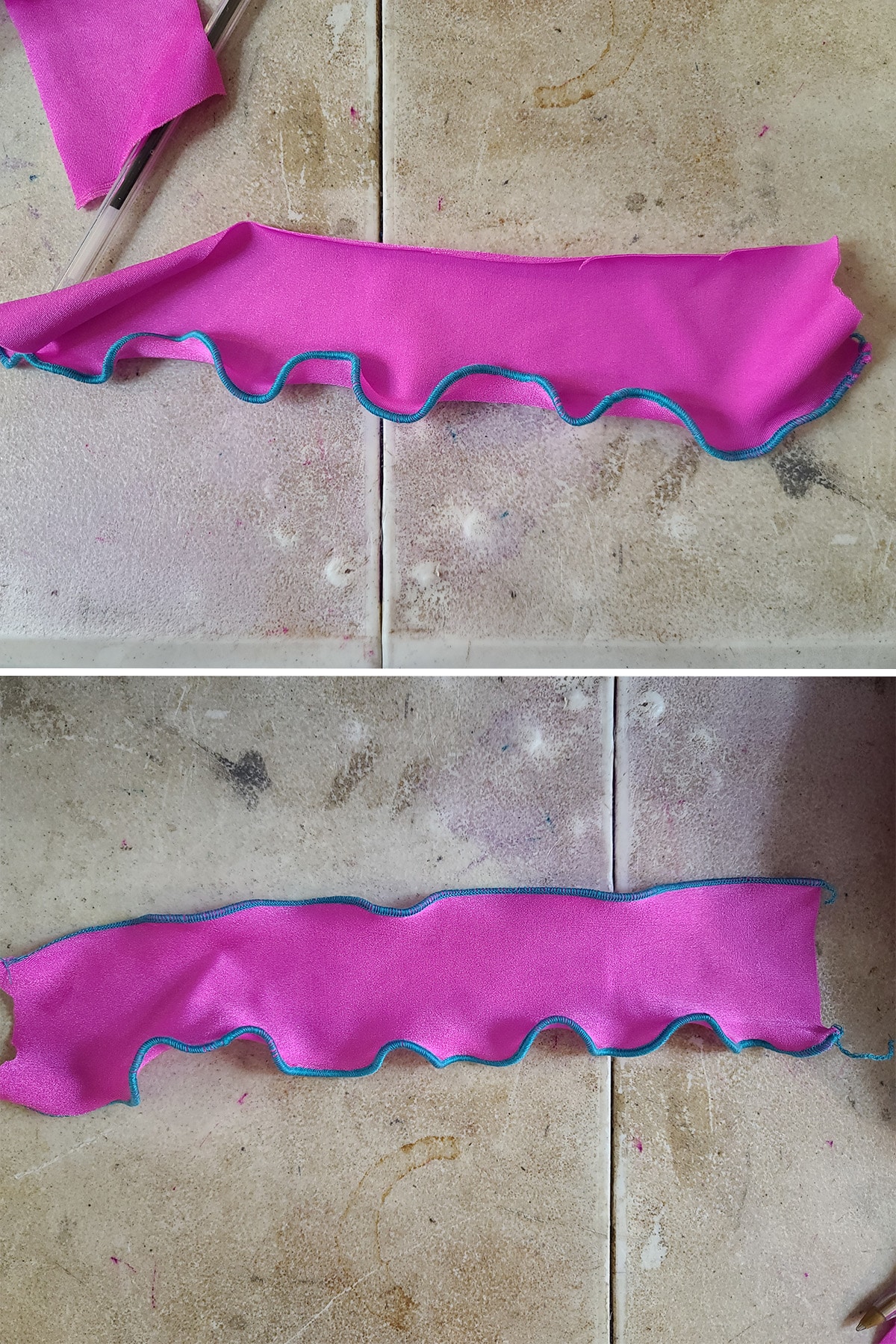 A 2 part mage of a strip of pink spandex. The top edge is less ruffly than the bottom edge.