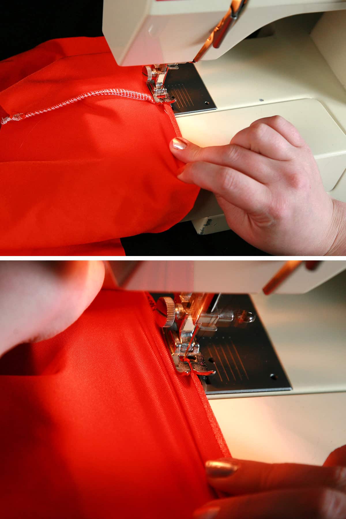 A two part image showing a lettuce edge zig zag hem being applied to an orange skating skirt.