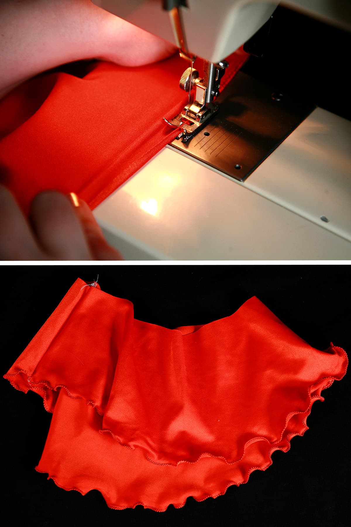 A two part image showing a lettuce edge zig zag hem being applied to an orange skating skirt.