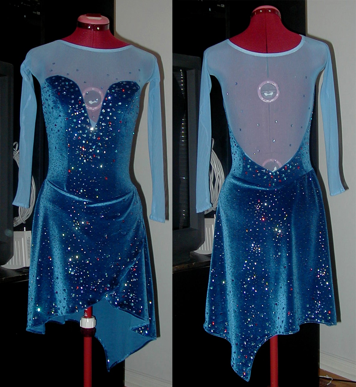 Front and back views of a blue ice dance dress. The main dress is velvet, and the top is mesh.