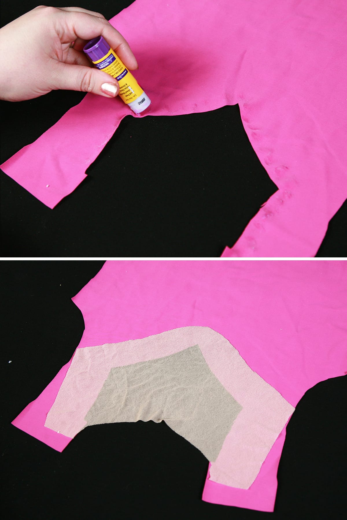 A two part photo showing glue stick being applied to the inner edge of a neckline design, then beige mesh being added on top of the glue.