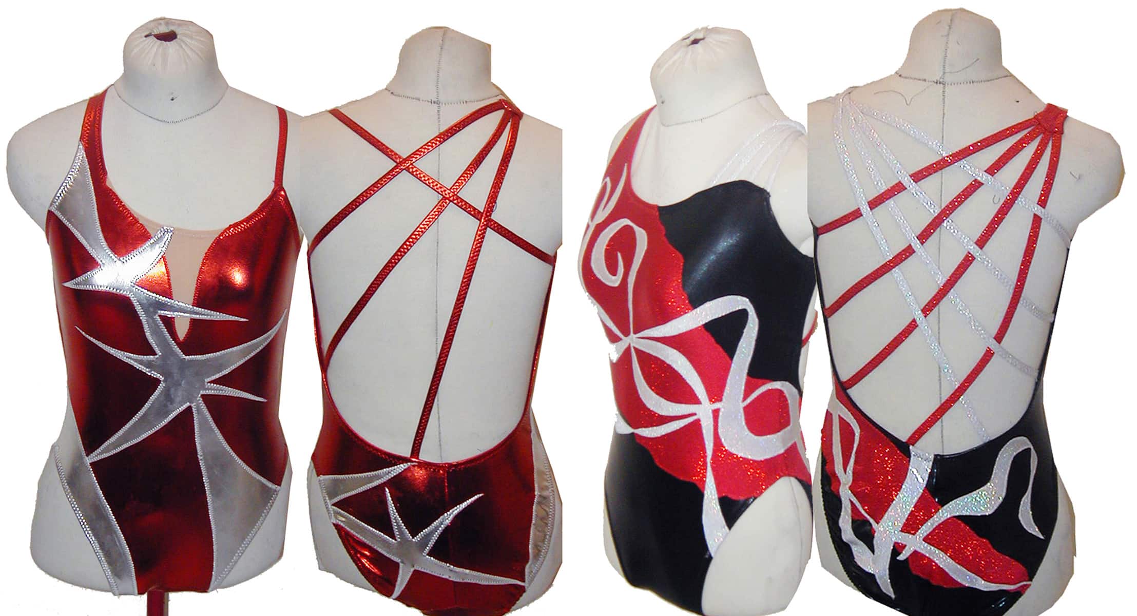 Front and back views of two synchro swim suits. One is red and white, the other is red, black, and white. Both have mutiple crossover straps.