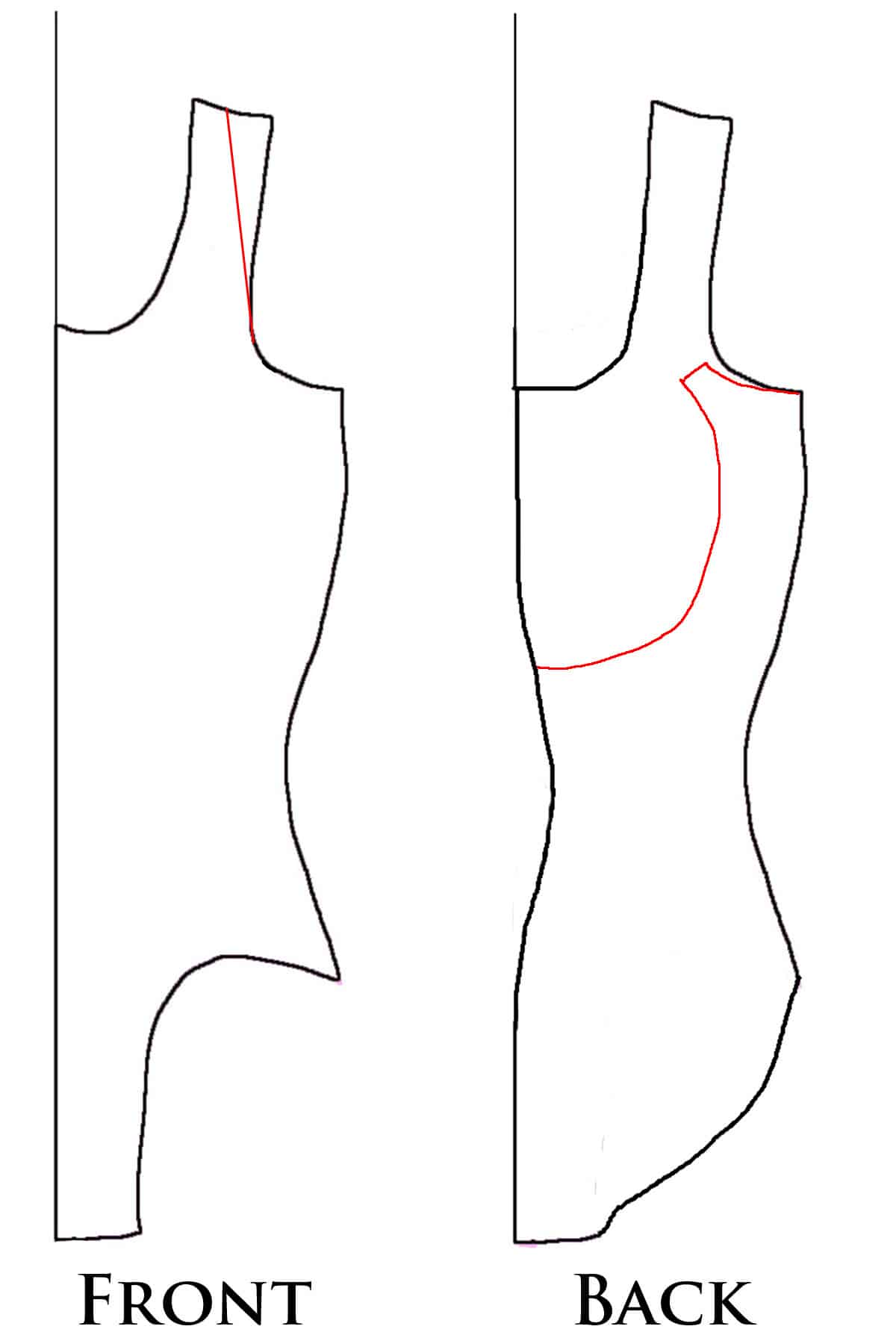 Diagram of the strappy back pattern alteration, as described in the post.