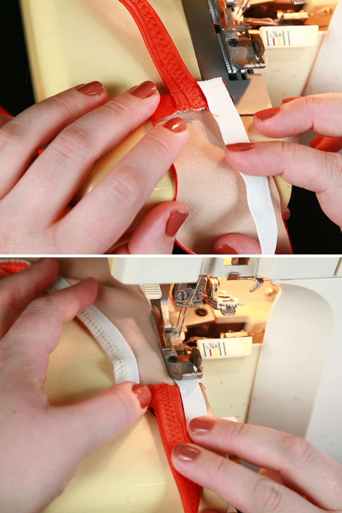 two part photo showing elastic being applied to either side of a strap, as described in the post.