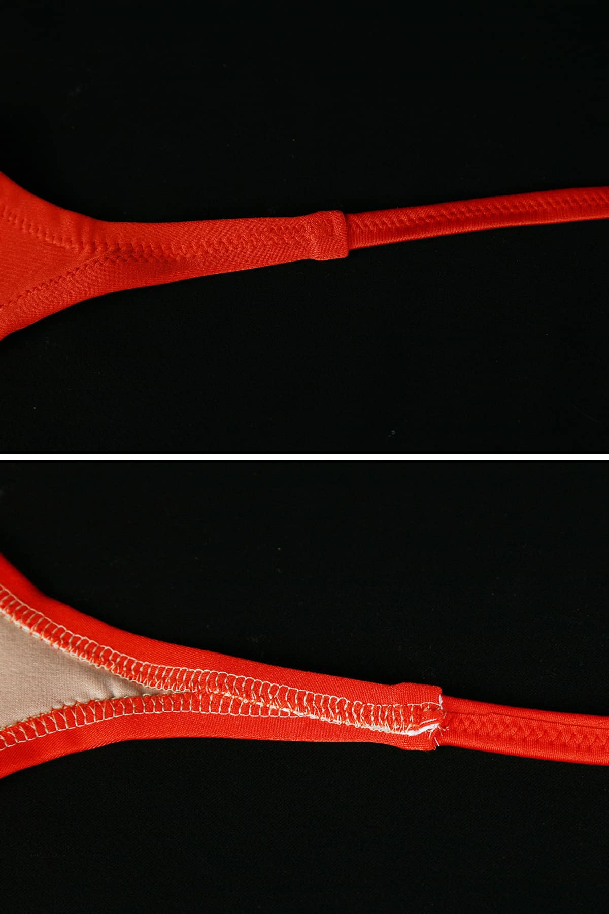 Front and back views of a strap that's been sewn to a skating dress.