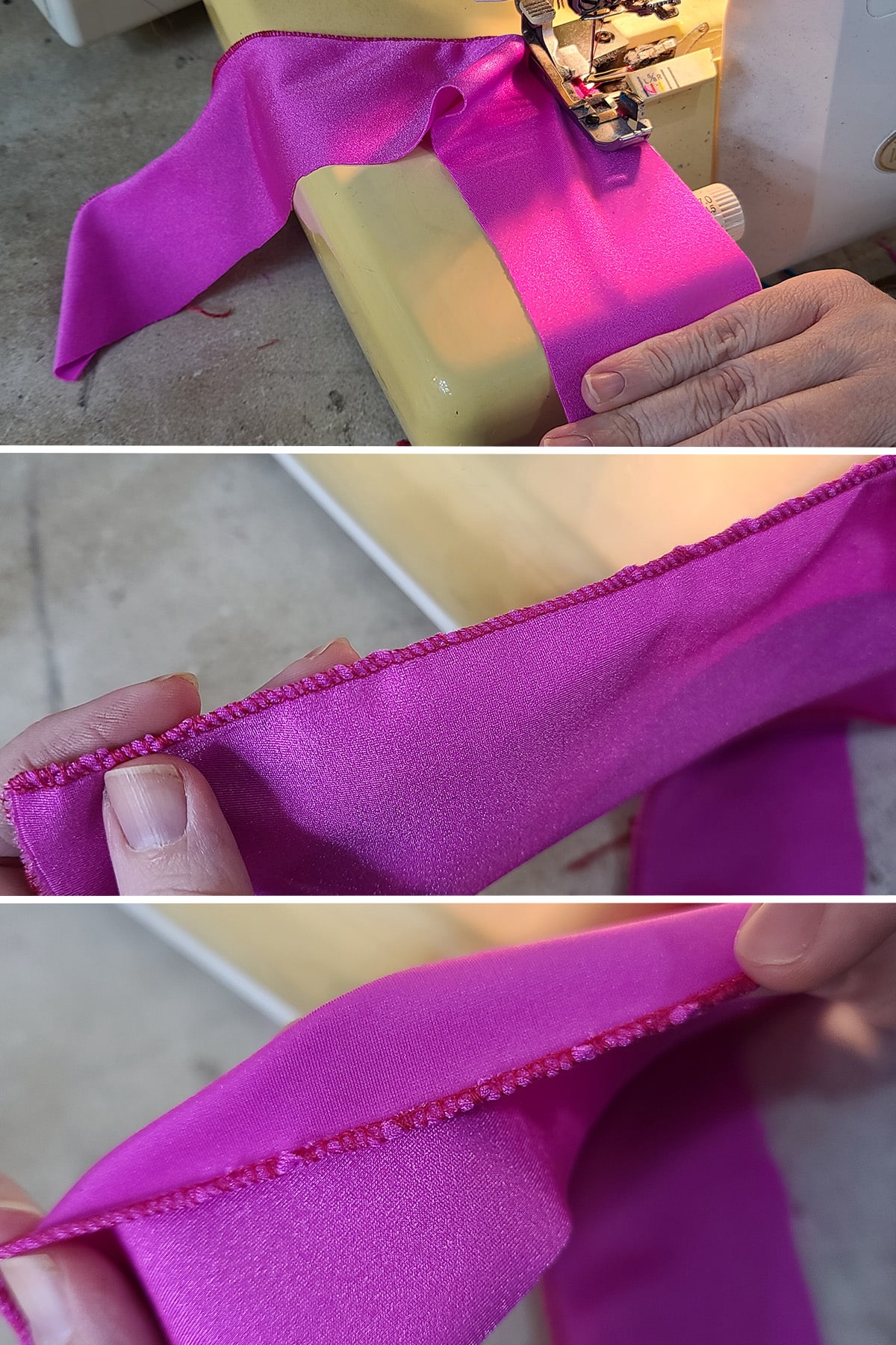A 3 part image showing spandex being serged, and that same strip with a bumpy, uneven hem.