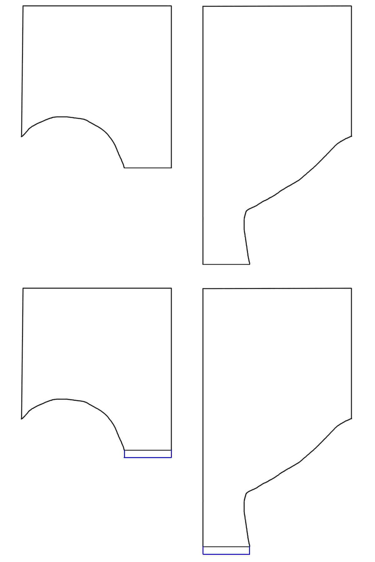 A 4 part diagram showing the additional length being added to the front and back trunks pattern, as described.