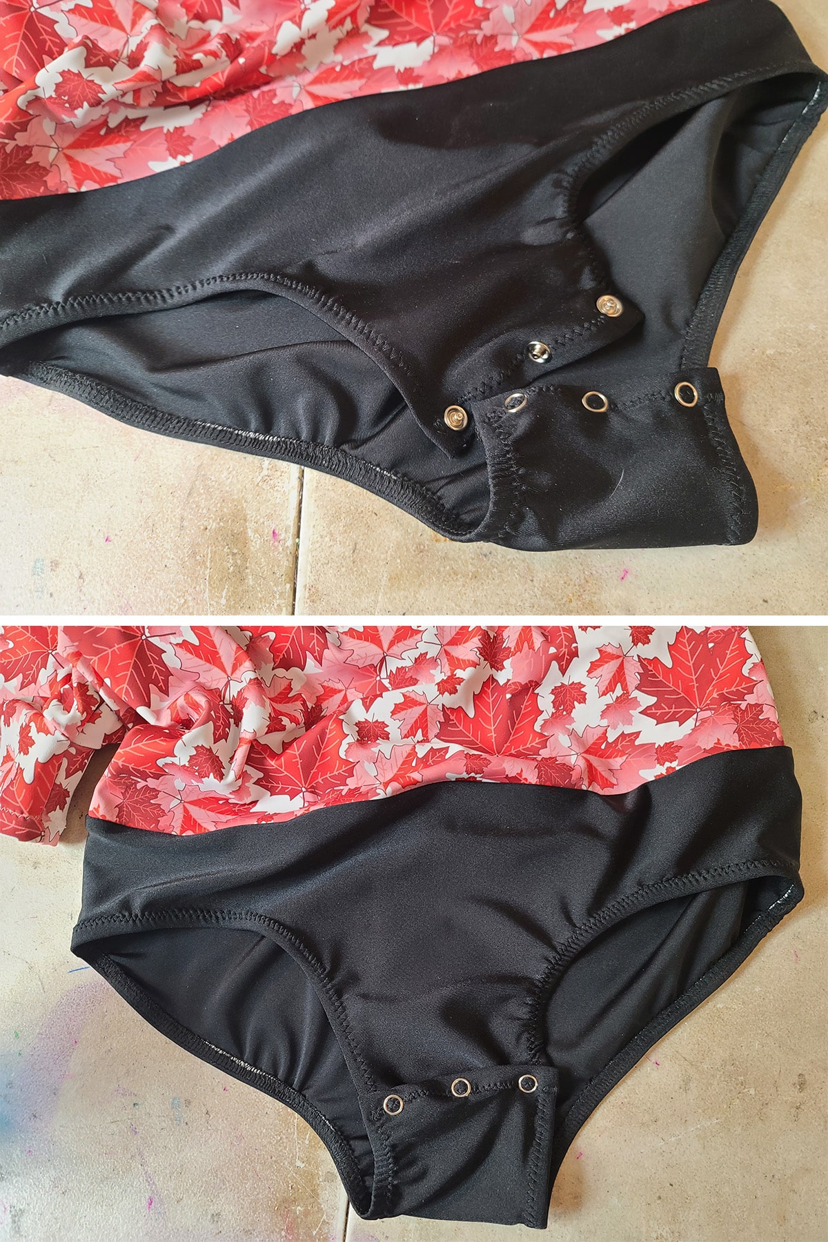 A 2 part image showing the men's body shirt with the snaps fully installed and fastened.