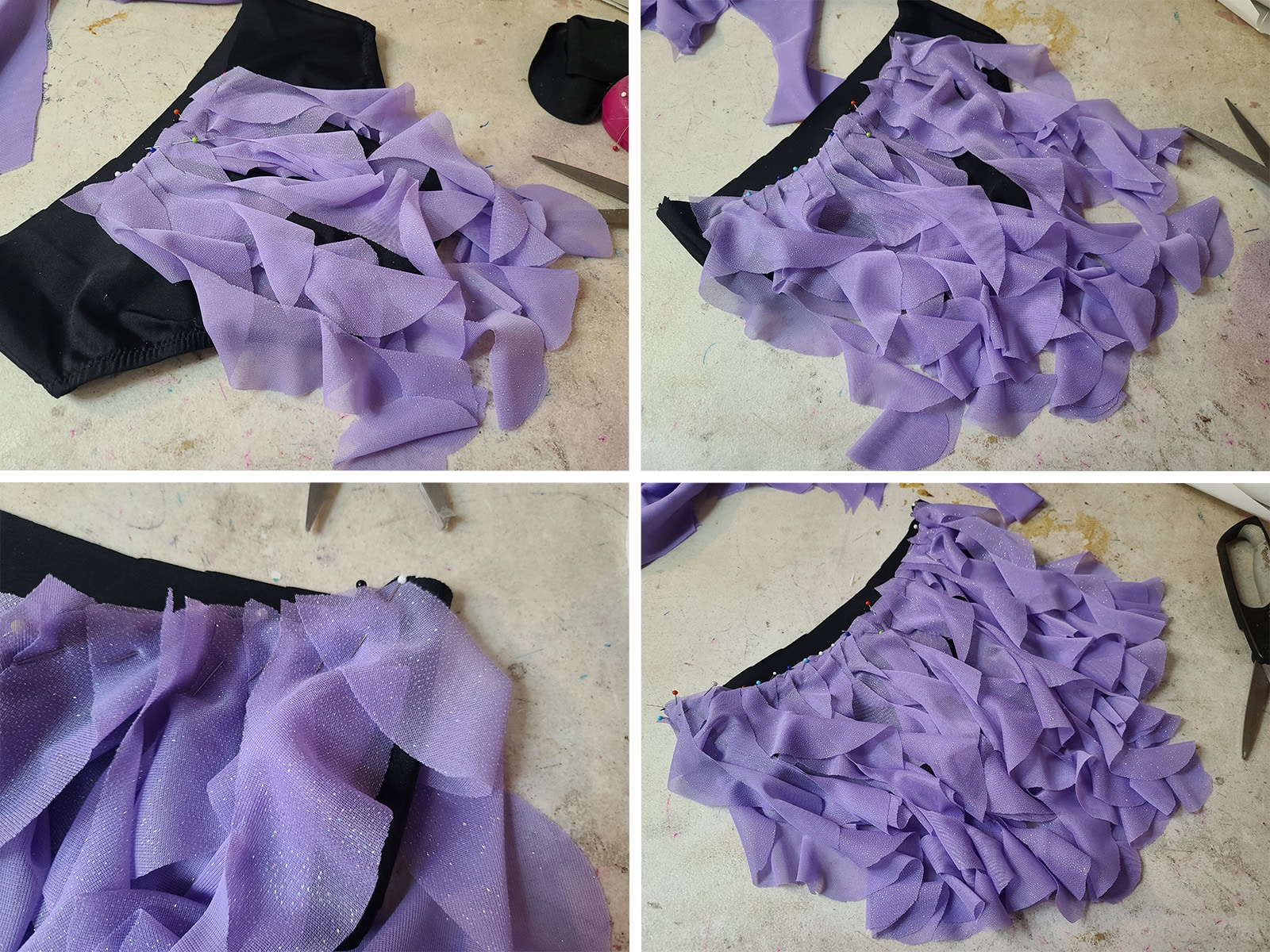 A 4 part image showing light purple ruffles pinned to the waist of a black brief.
