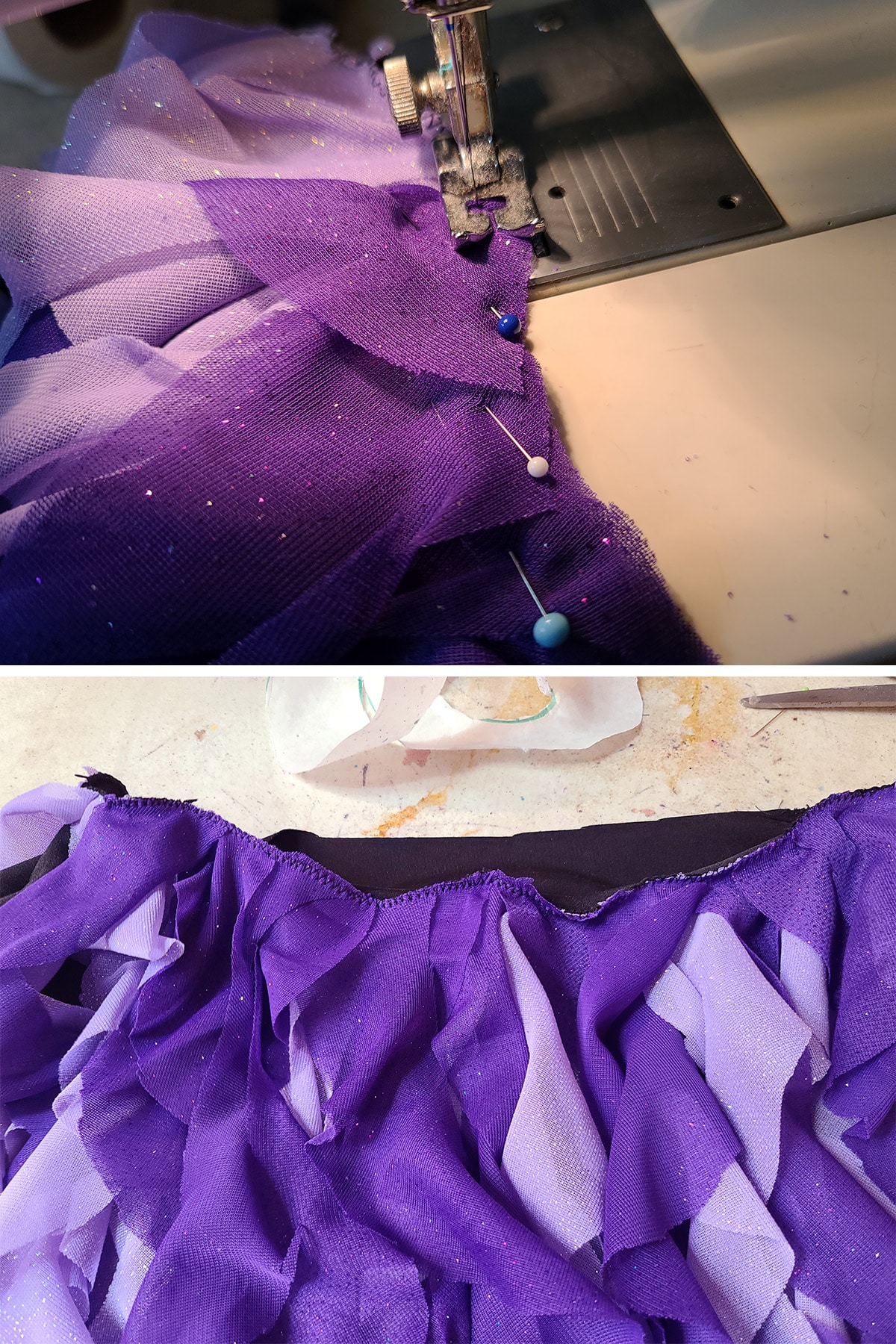 A 2 part image showing the 2 layers of ruffles being sewn down.