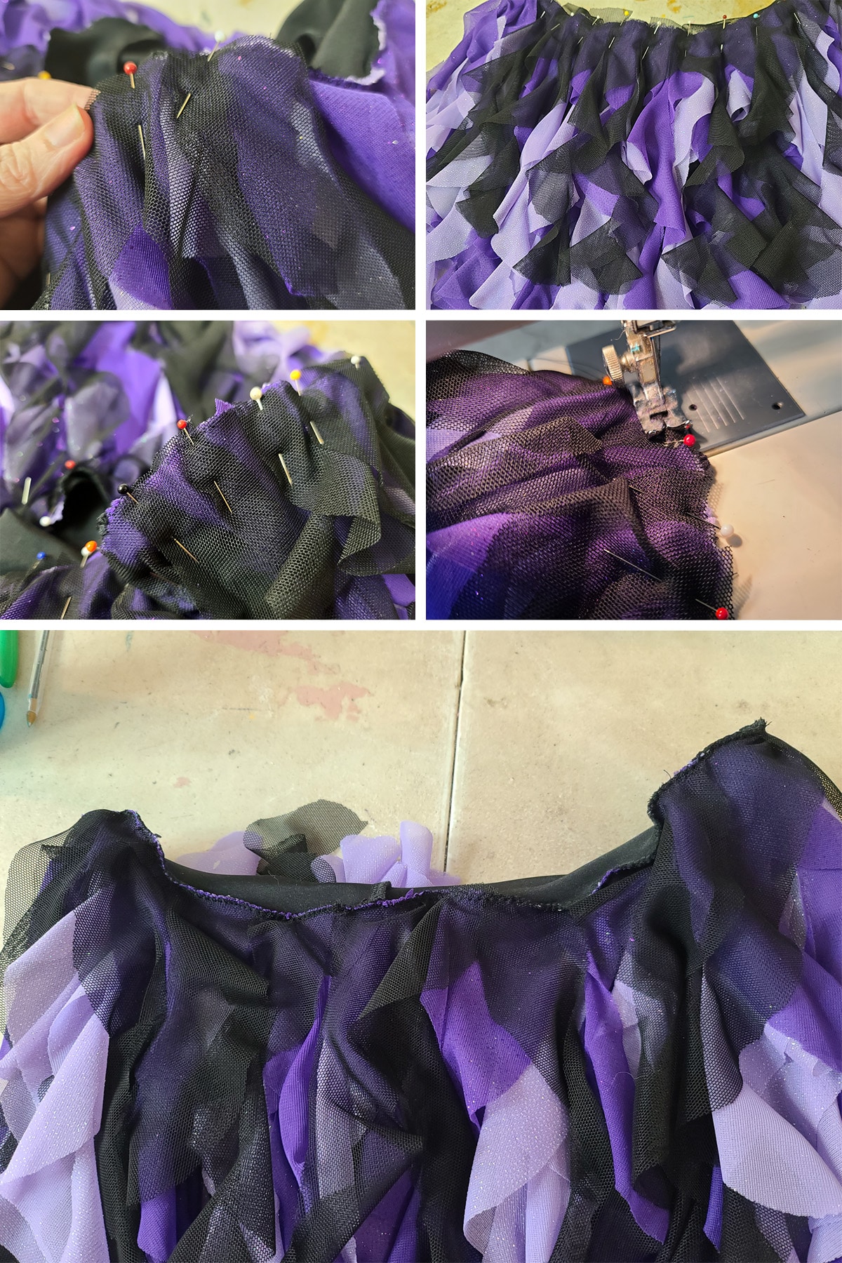 A 5 part image showing black ruffles being added on top of the purple ones and stitched down.