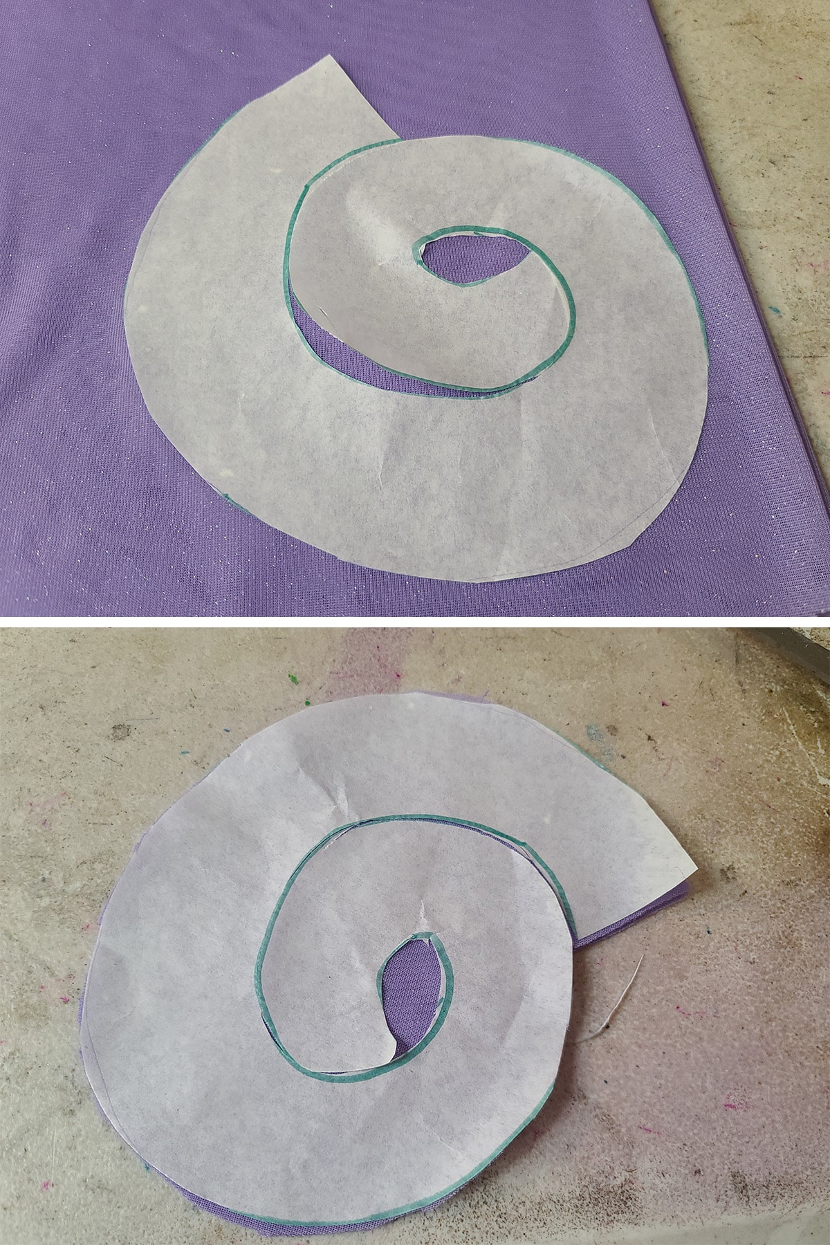 A spiral pattern piece on some light purple mesh, then cut out.