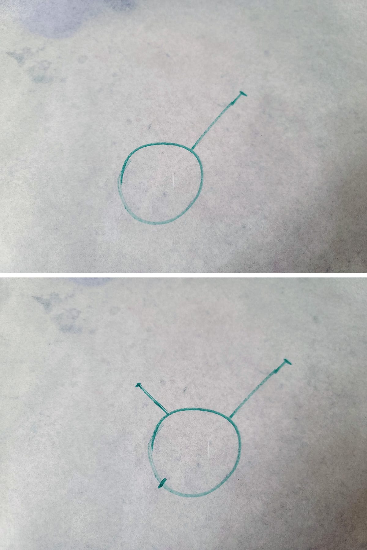 A 2 part image showing a circle with 2 lines extending from it, as described.