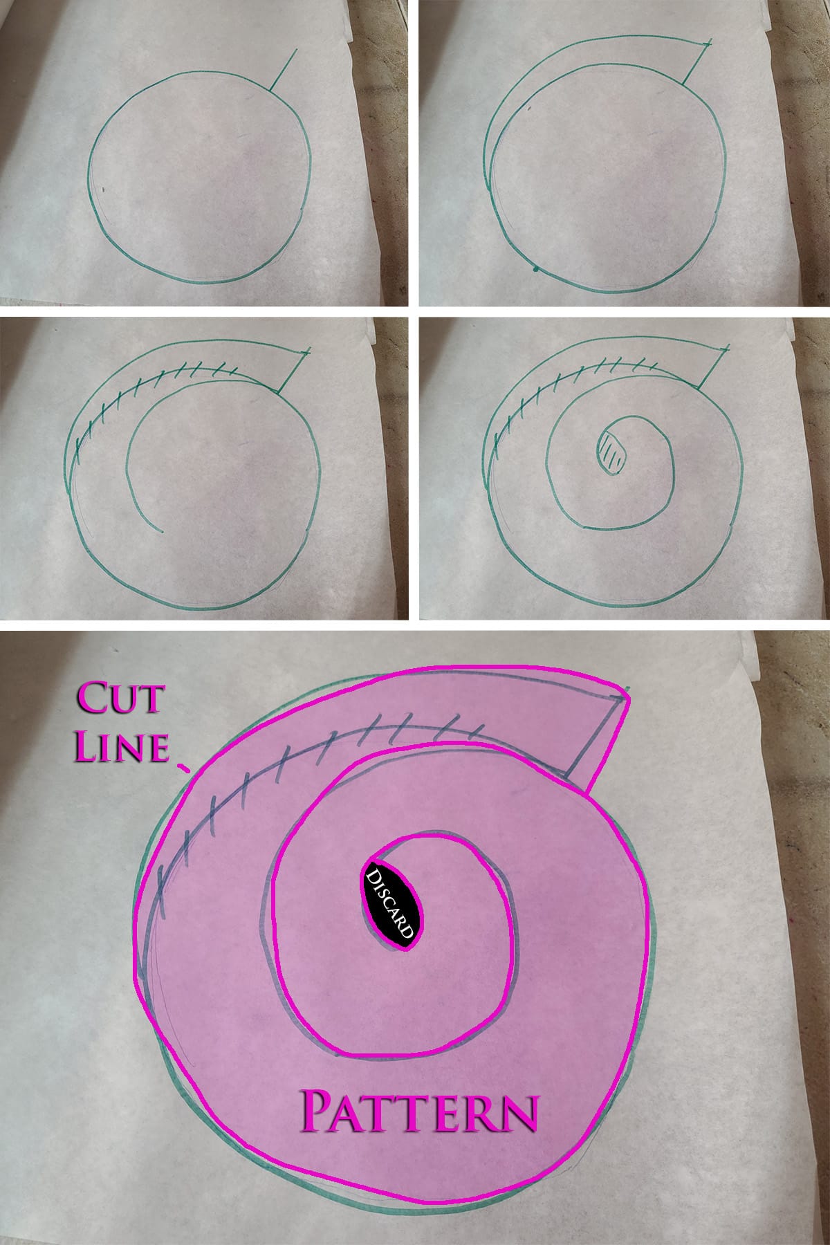 A 5 part image showing the spiral pattern being drawn, as described.